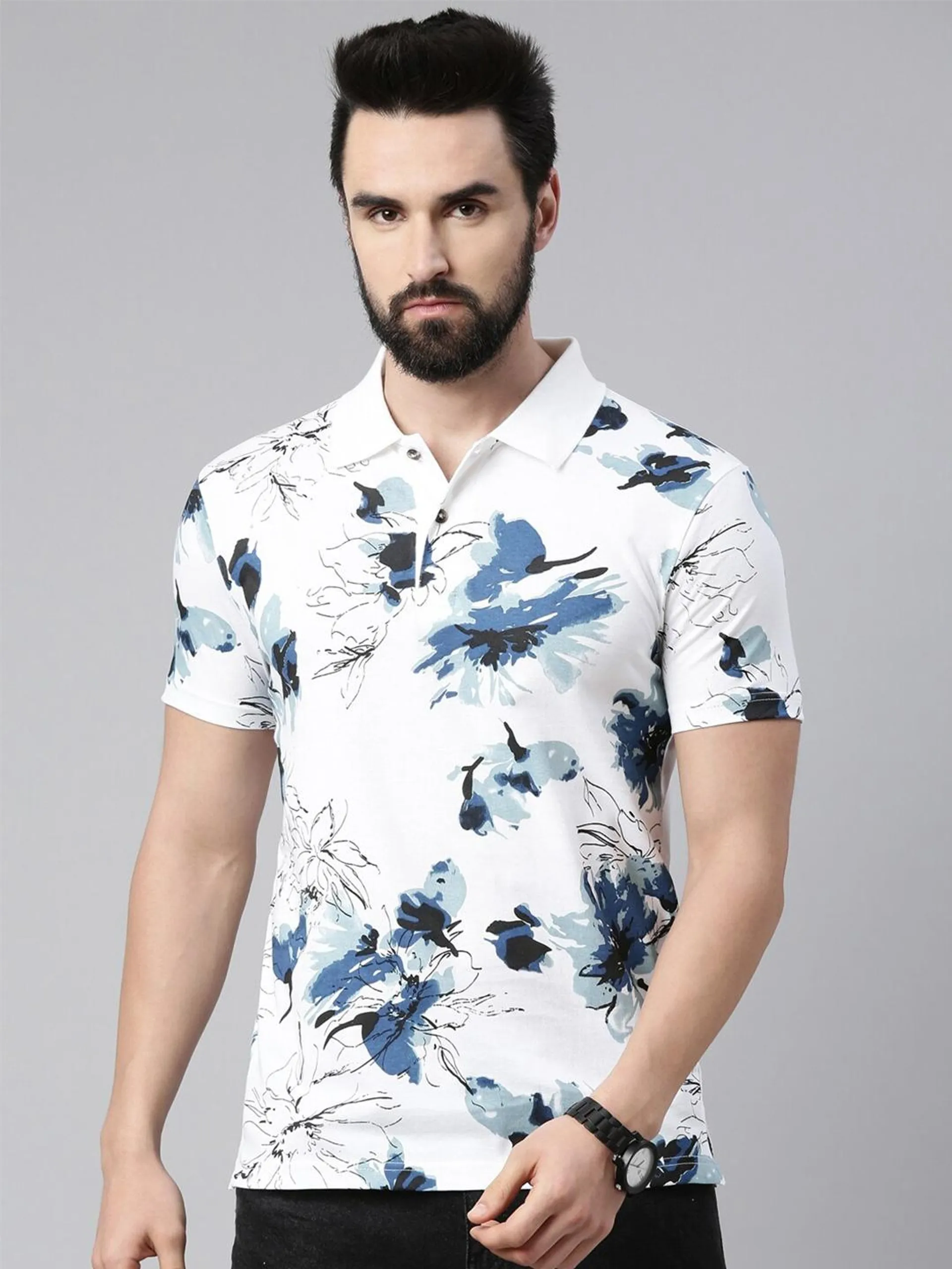 Men Printed Polo Collar Pure Cotton T-shirt