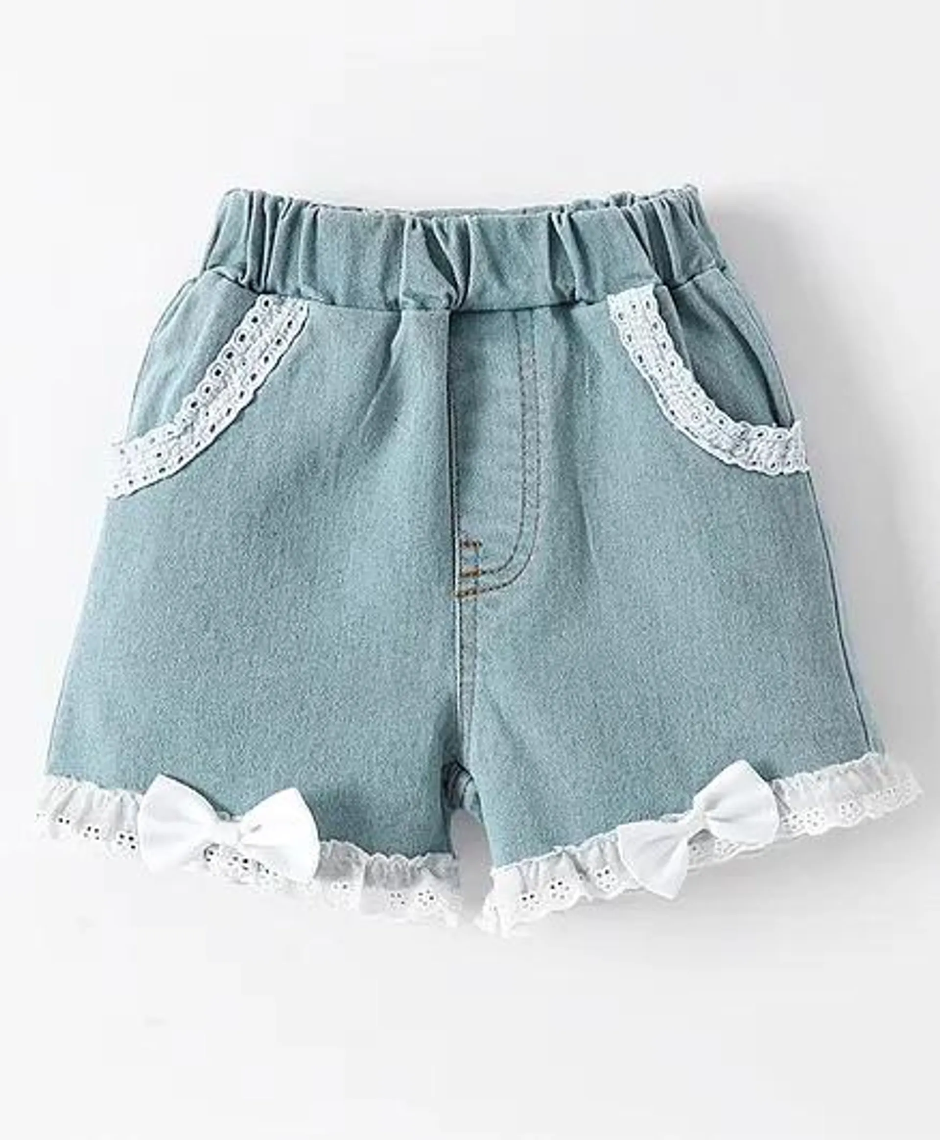 Kookie Kids Washed Denim Shorts with Bow Applique - Blue