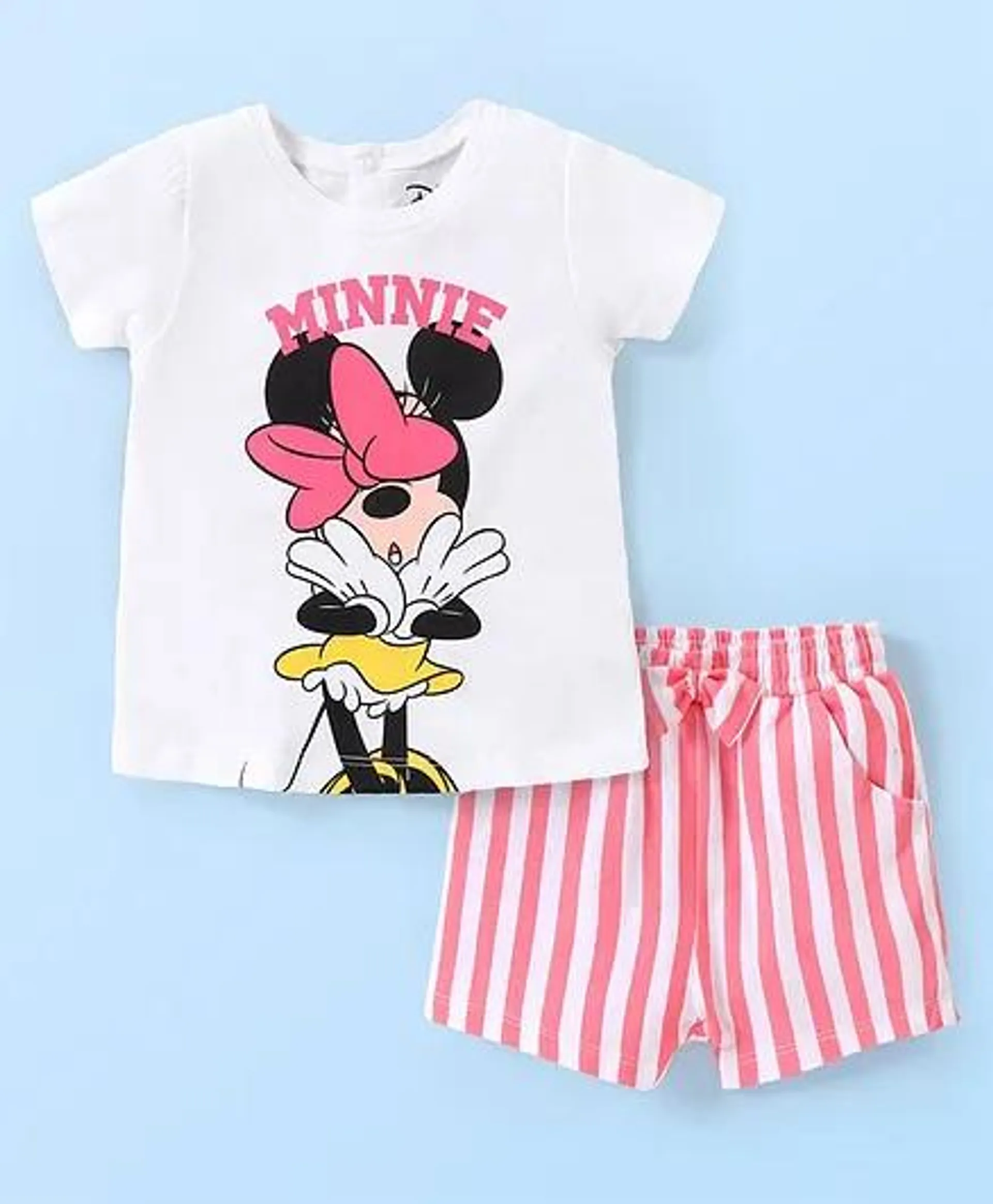 Babyhug Disney Cotton Half Sleeves Shorts Night Suit Minnie Mouse Print - White & Pink