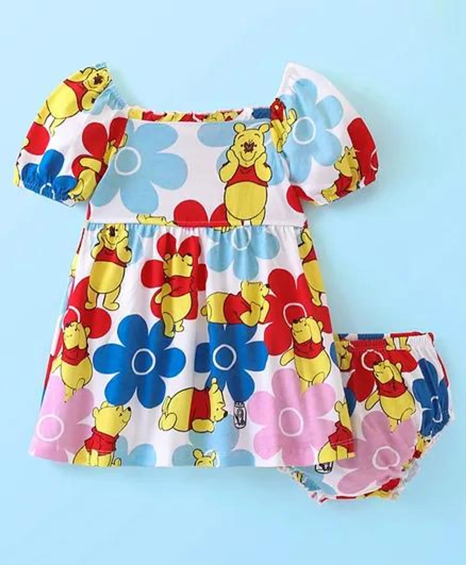 Babyhug Disney Cotton Jersey Knit Half Sleeves Frock With Shorts Winnie The Pooh Print - Bright White