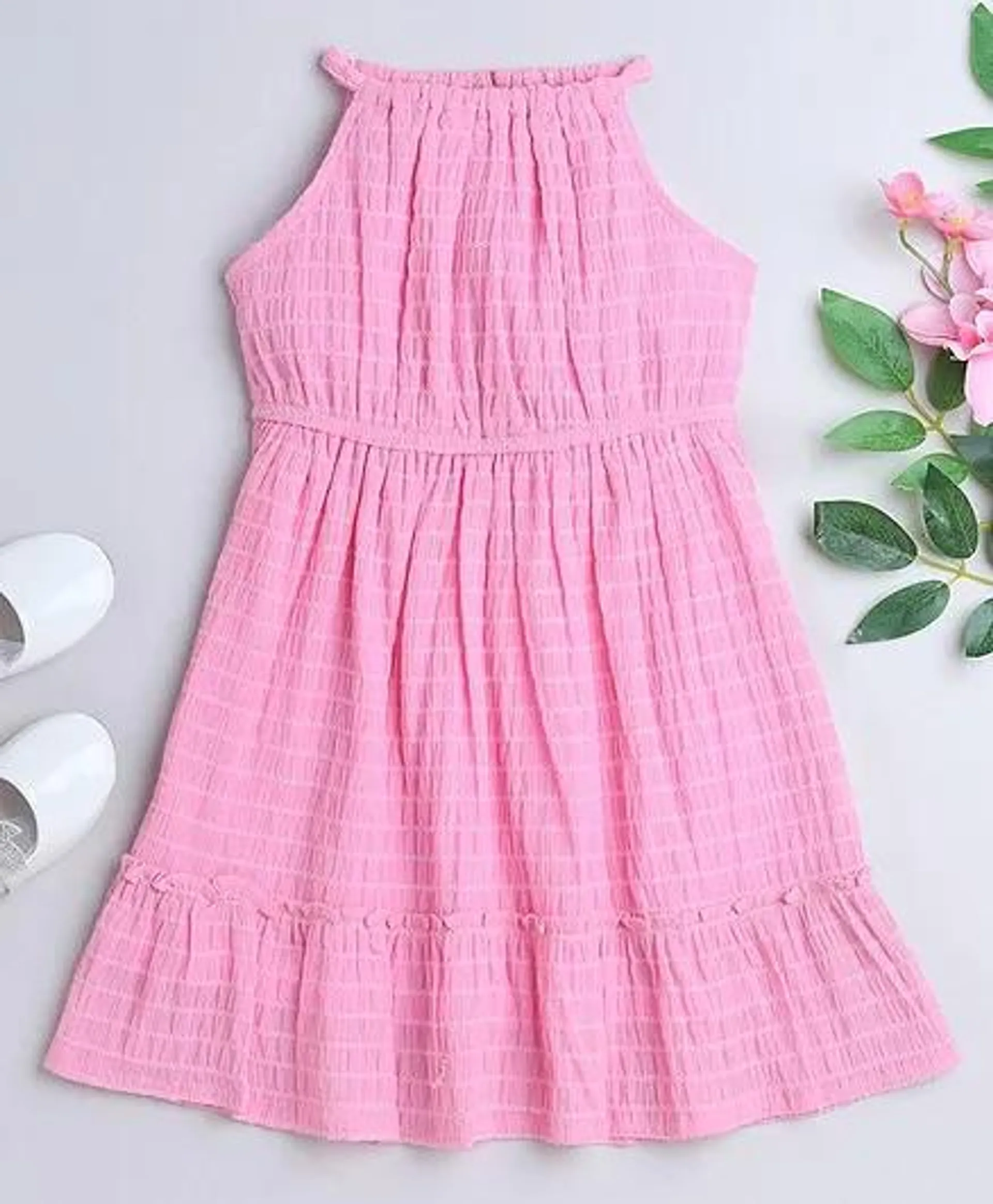 Taffykids Halter Neck Dobby Detailed Dress - Pink