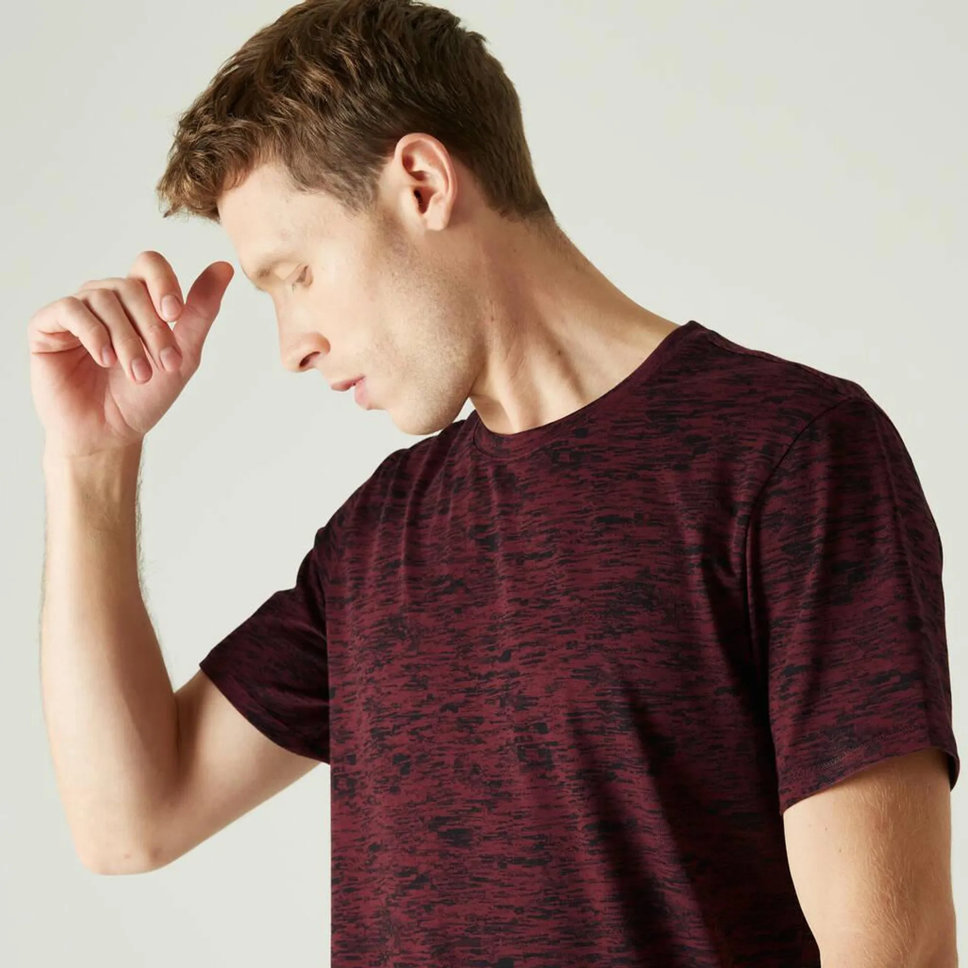 Men Tshirt For Gym Poly-Cotton 500- Burgundy Print