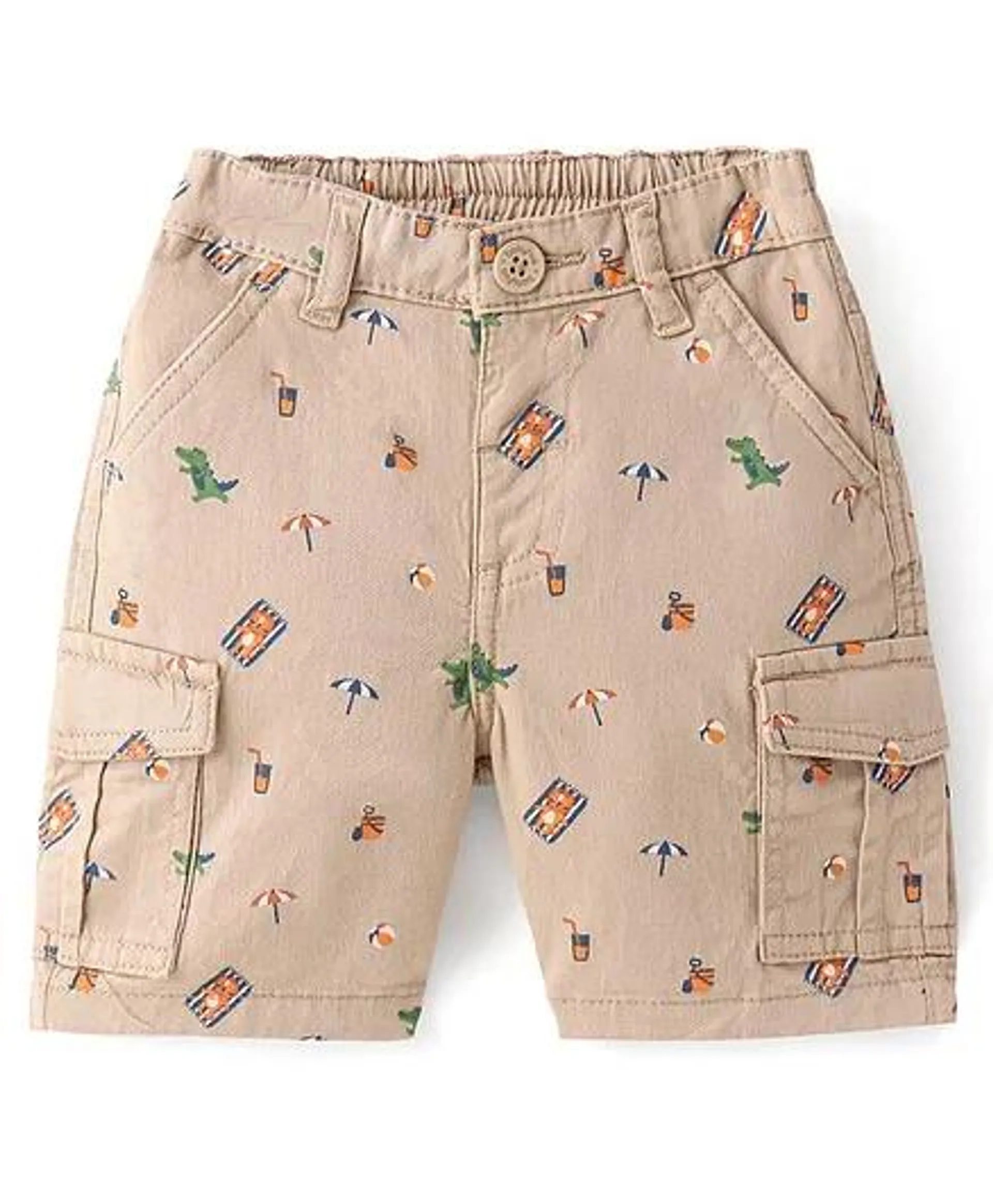 Babyhug Cotton Spandex Woven Above Knee Length Bermuda Beach Theme - Khaki