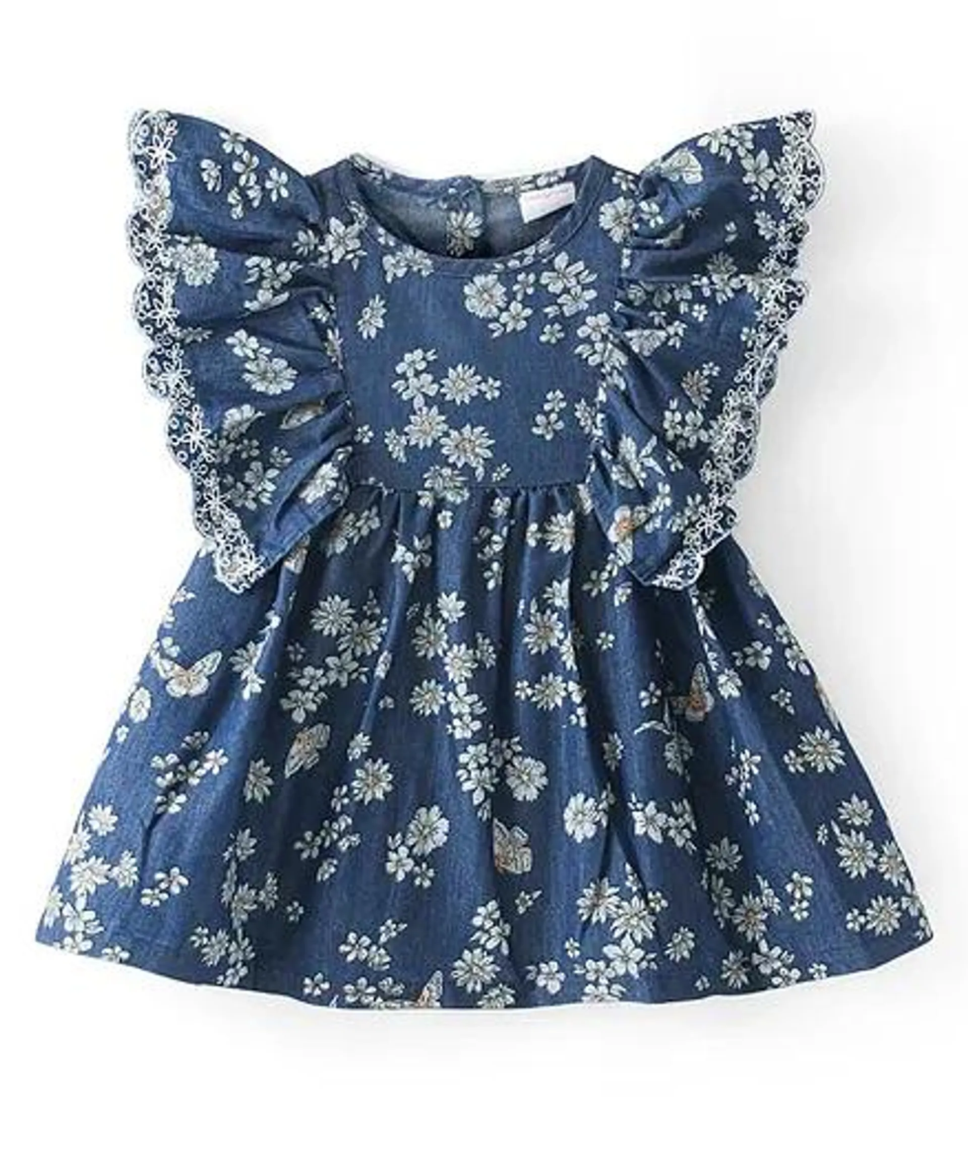 Babyhug Denim Frill Sleeves Frock with Floral Print - Blue