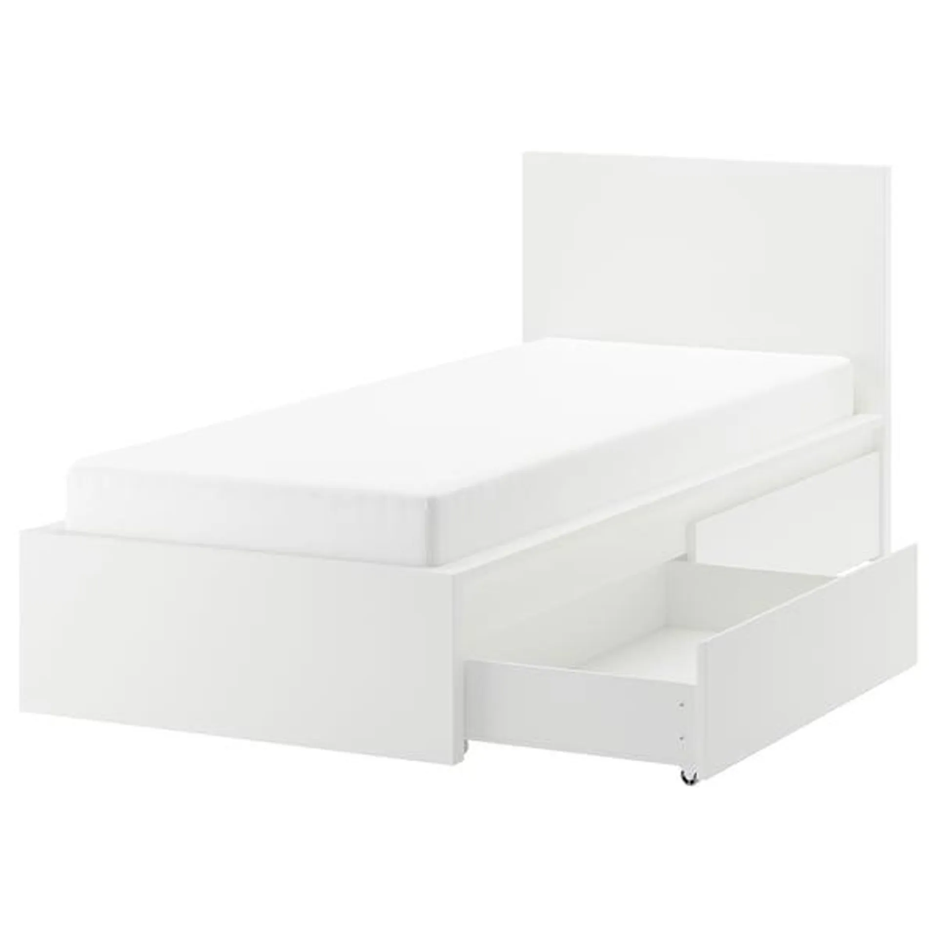 Bed frame, high, w 2 storage boxes, white/Luröy,