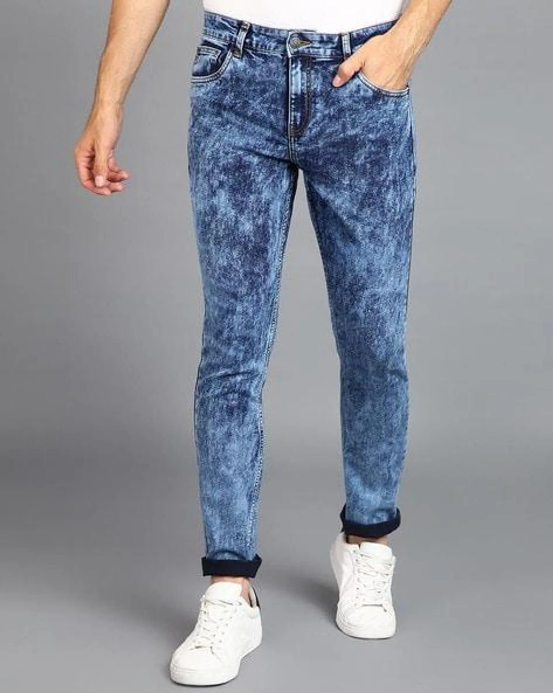 Men Heavily Washed Slim Fit Jeans