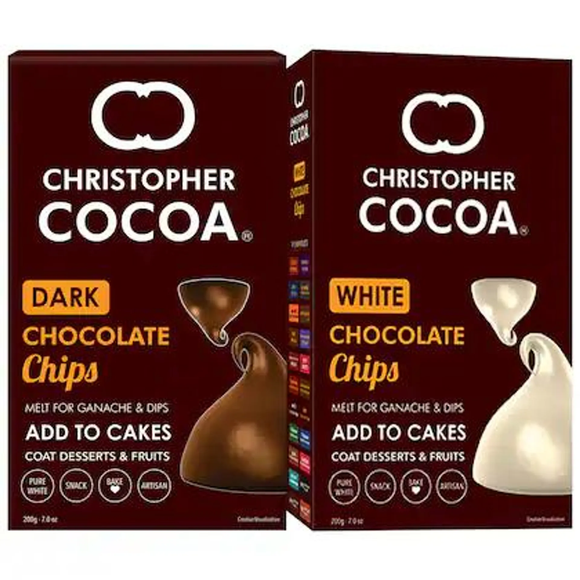 Christopher Cocoa Dark Chocolate Choco Chips 200g, White Chocolate Choco Chips 200g (Snack, Topping Ice Cream, Cakes, Baking)