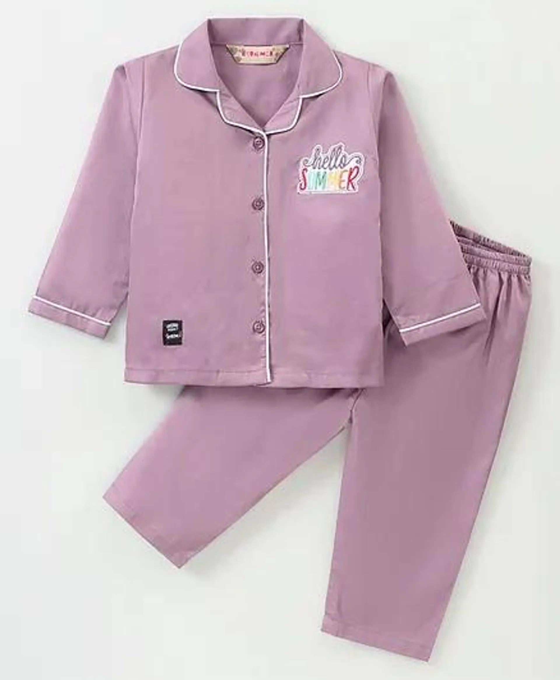 Enfance Core Cotton Woven Full Sleeves Hello Summer Text Embroidered Night Suit Set - Purple