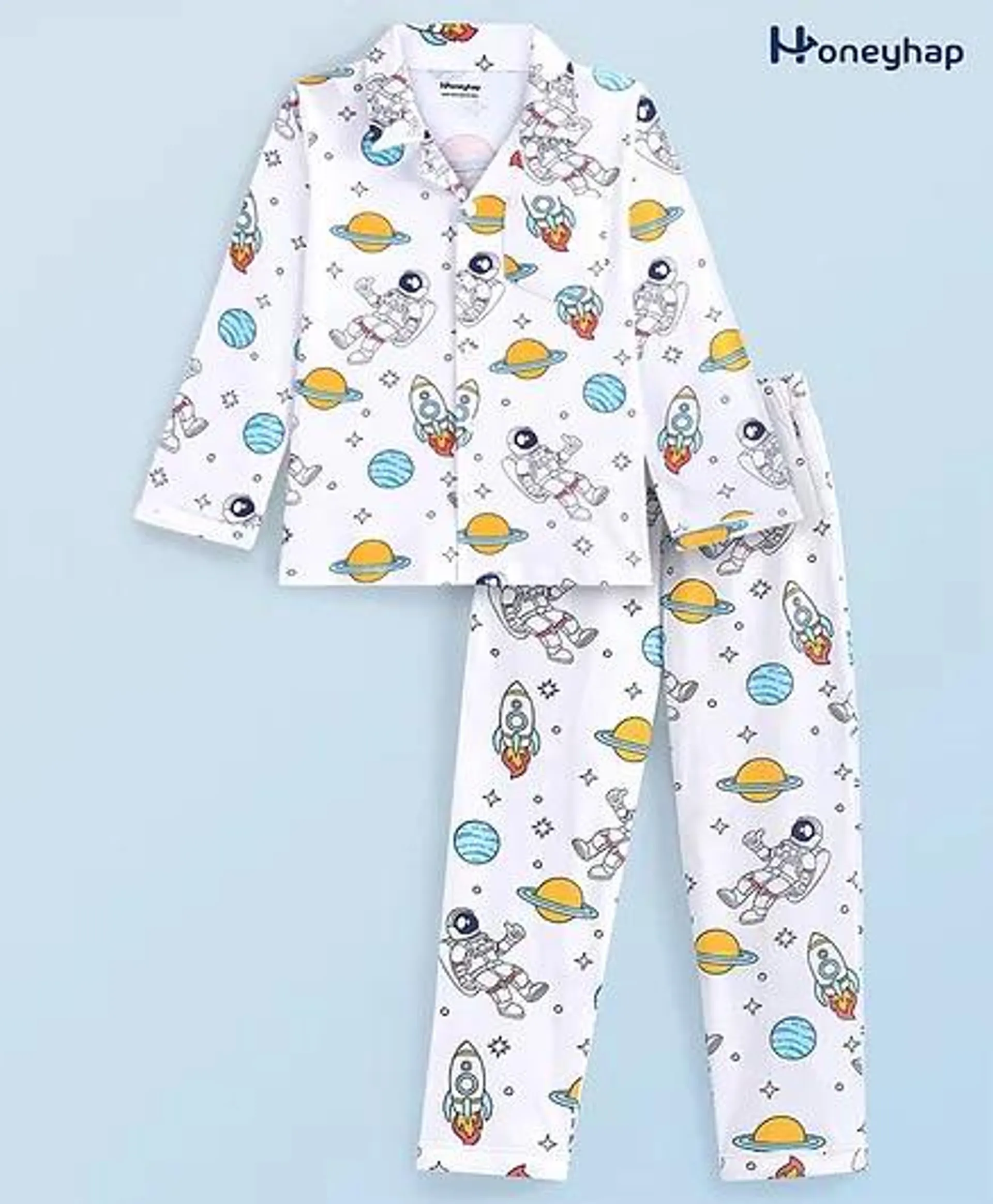 Honeyhap Premium Cotton Full Sleeves Night Suit With Space Graphics - Bright White