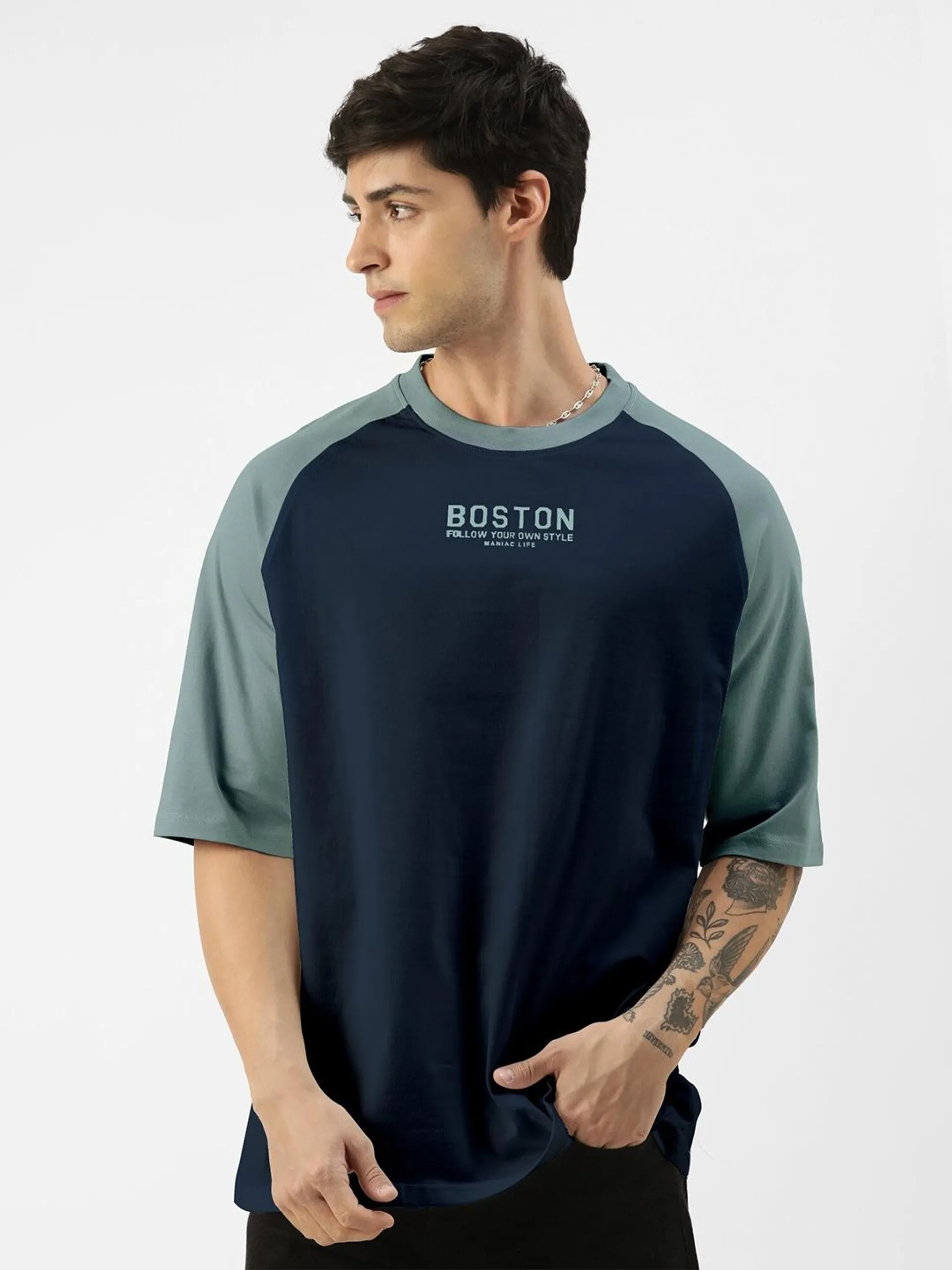 Colourblocked Raglan Sleeves Pure Cotton T-Shirt