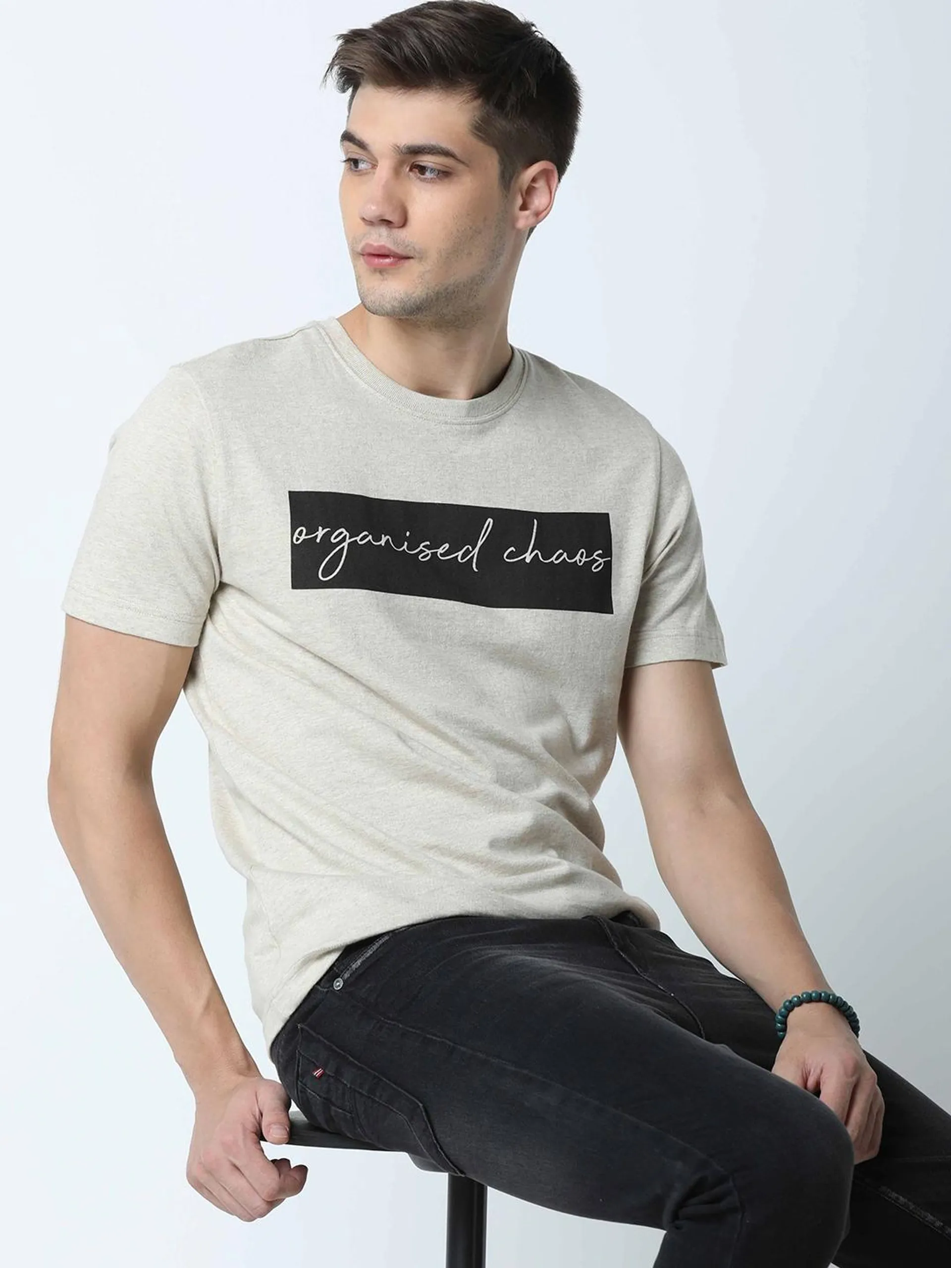 Men Beige & Black Typography Printed Sustainable T-shirt