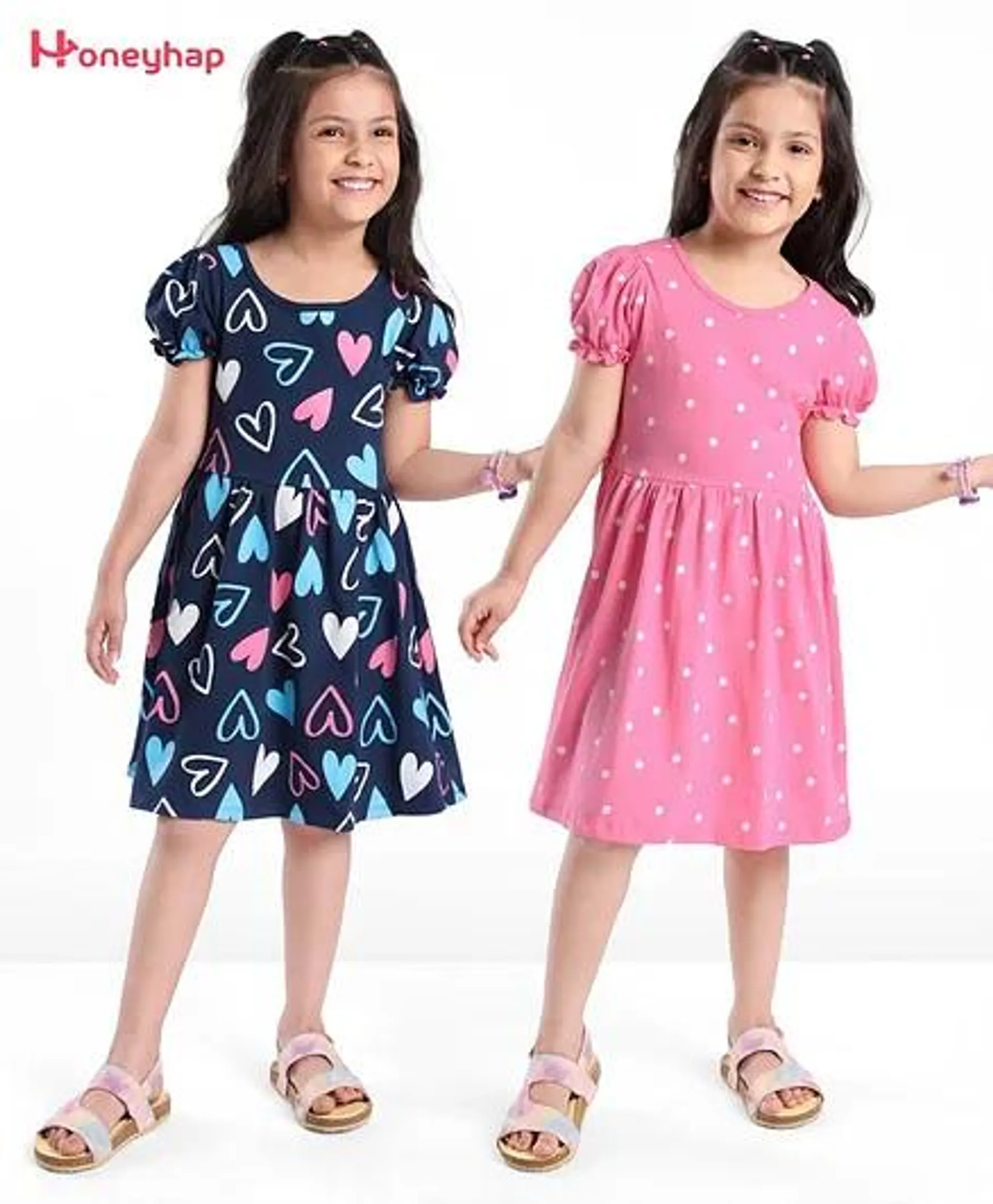 Honeyhap Premium 100% Cotton Single Jersey Knit Half Sleeves Frock With Bio Finish Heart Print Pack Of 2 - Pink Cosmos & Navy Peony