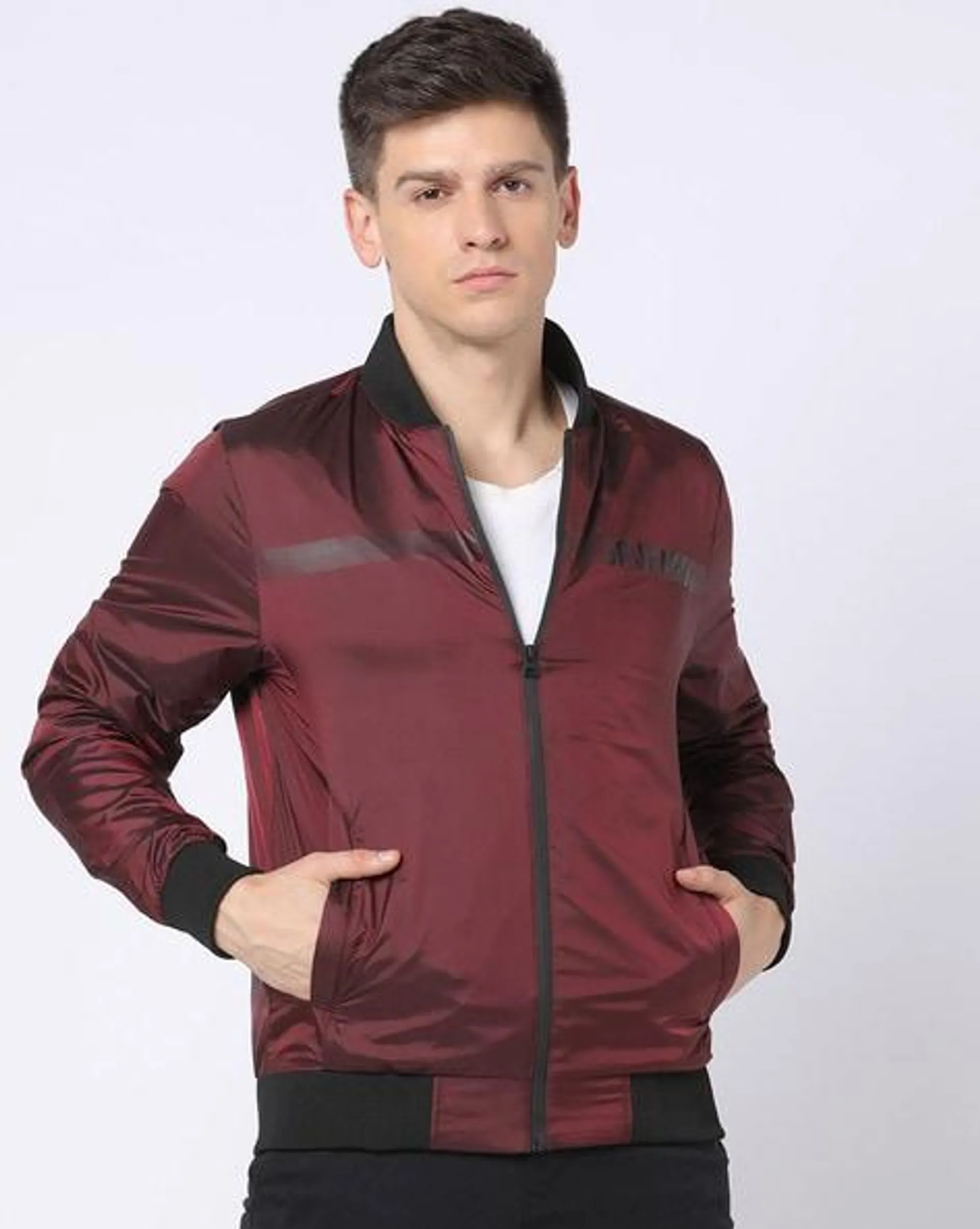 Brand Print Slim Fit Bomber Jacket