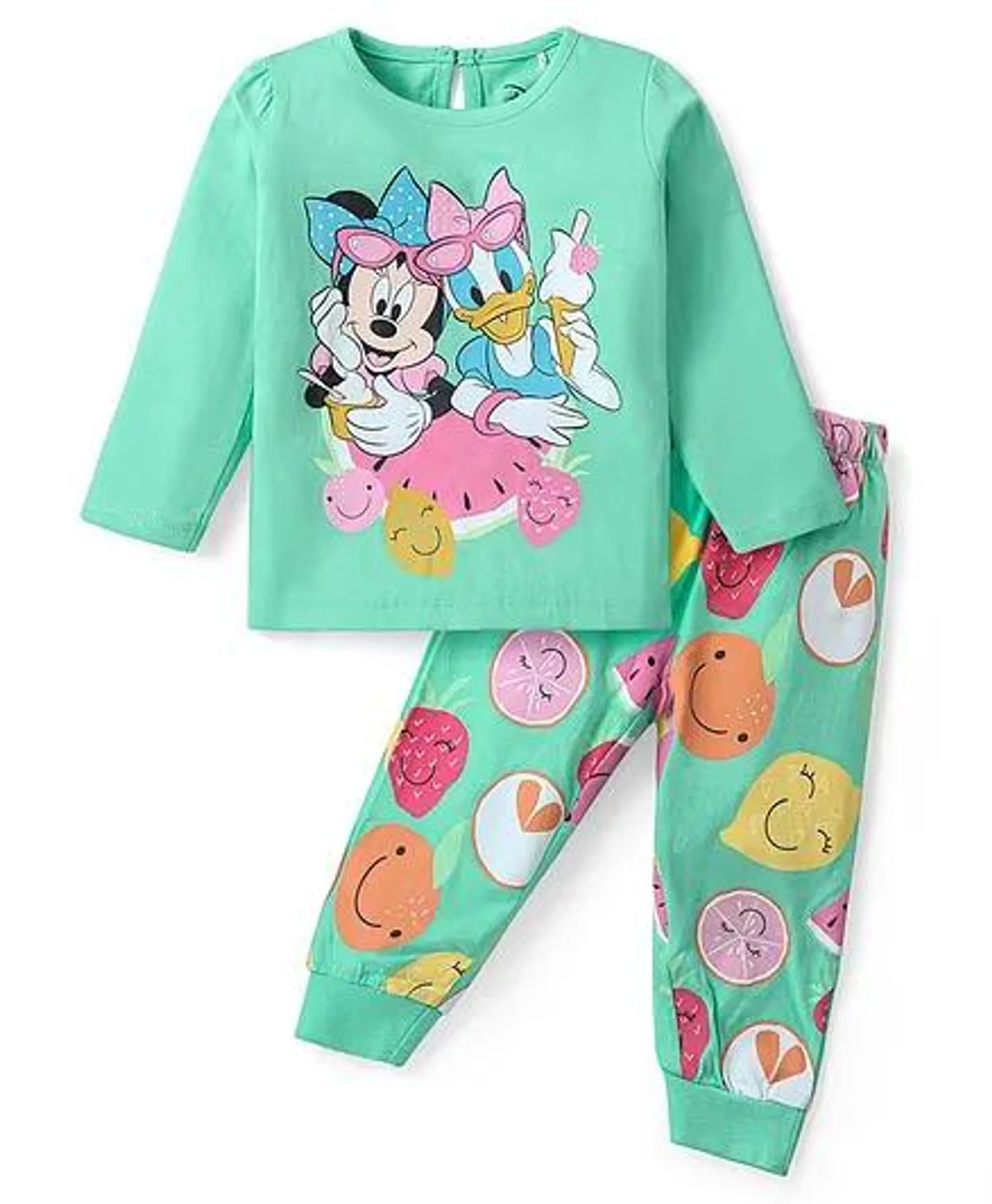 Babyhug Disney Cotton Knit Full Sleeves Night Suit With Minnie Mouse Print - Green