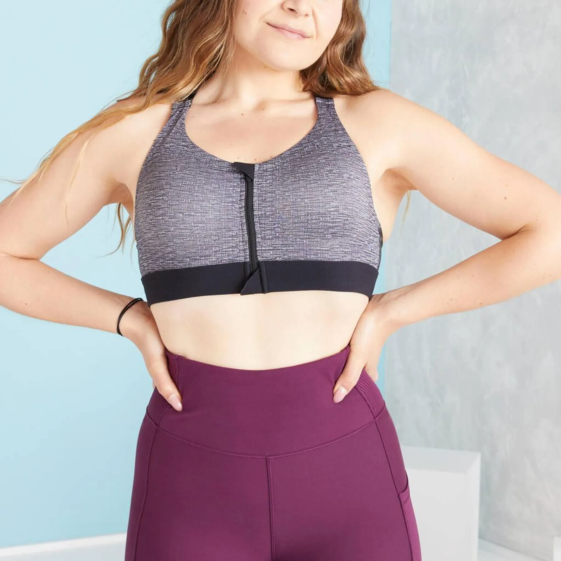 Sports Bra High Support with Zip - Grey