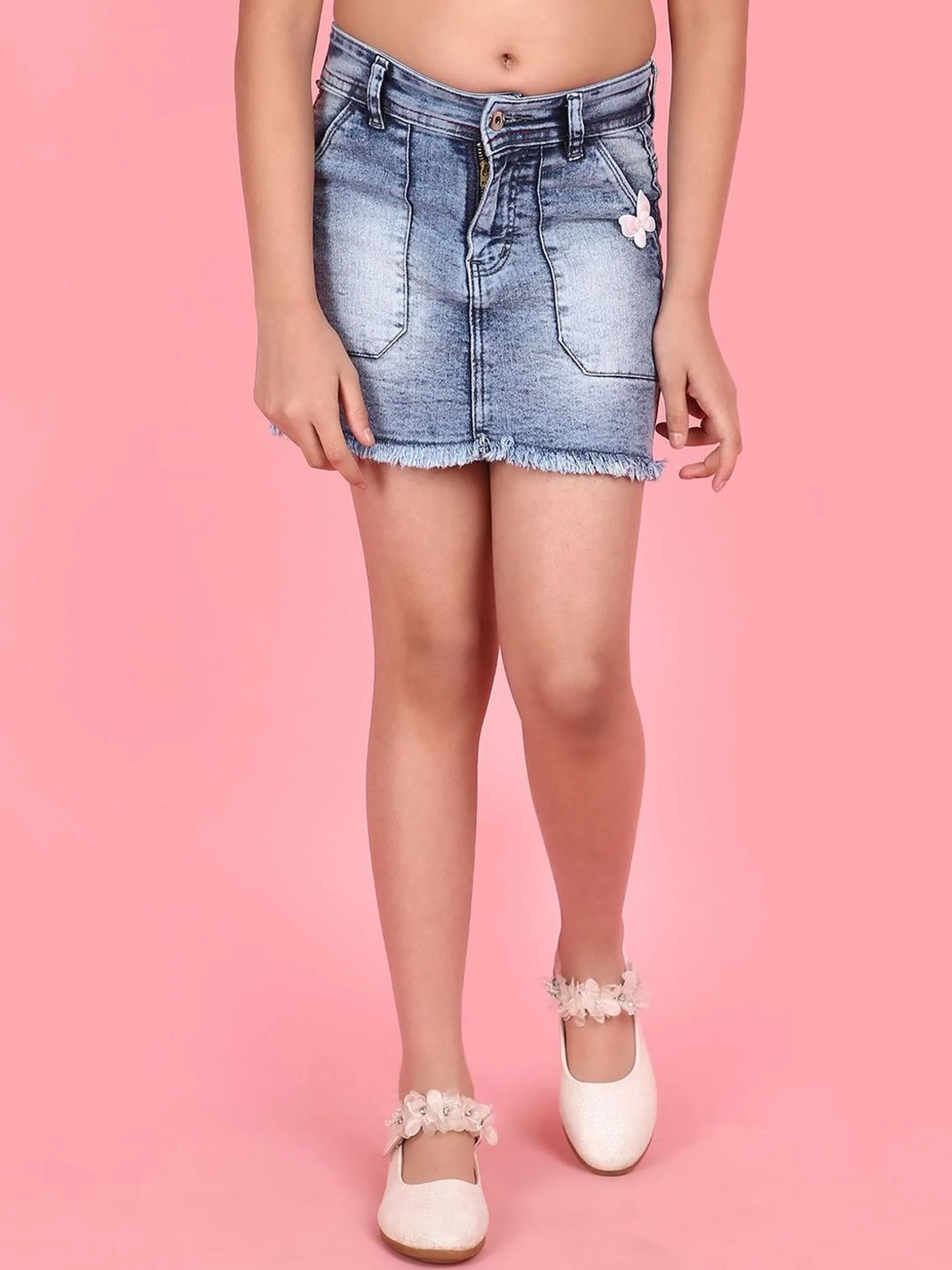 Girls Washed Straight Mini Denim Skirt