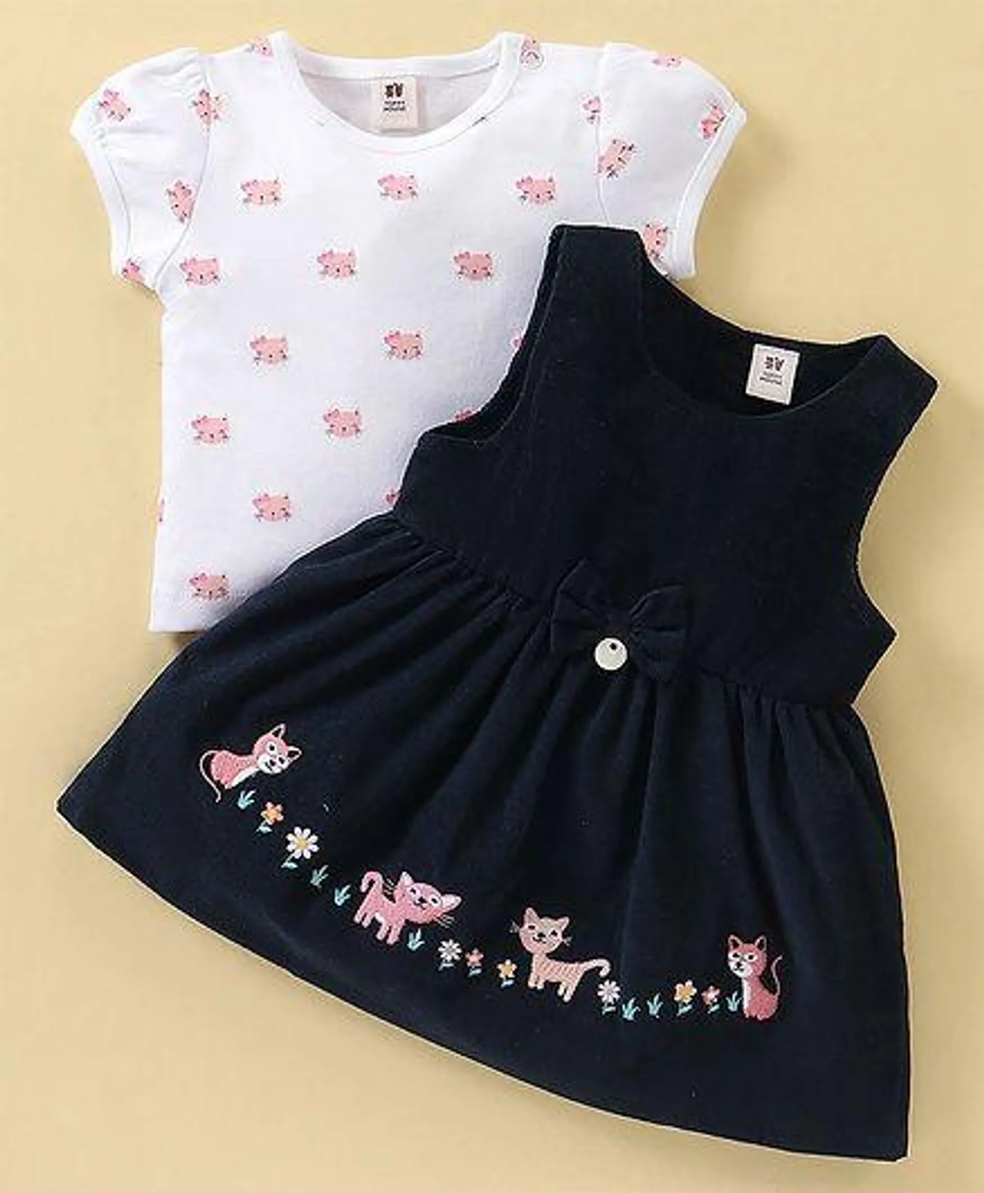 ToffyHouse Cotton Frock with Half Sleeves Inner Tee Kitty Print & Embroidery - Navy Blue