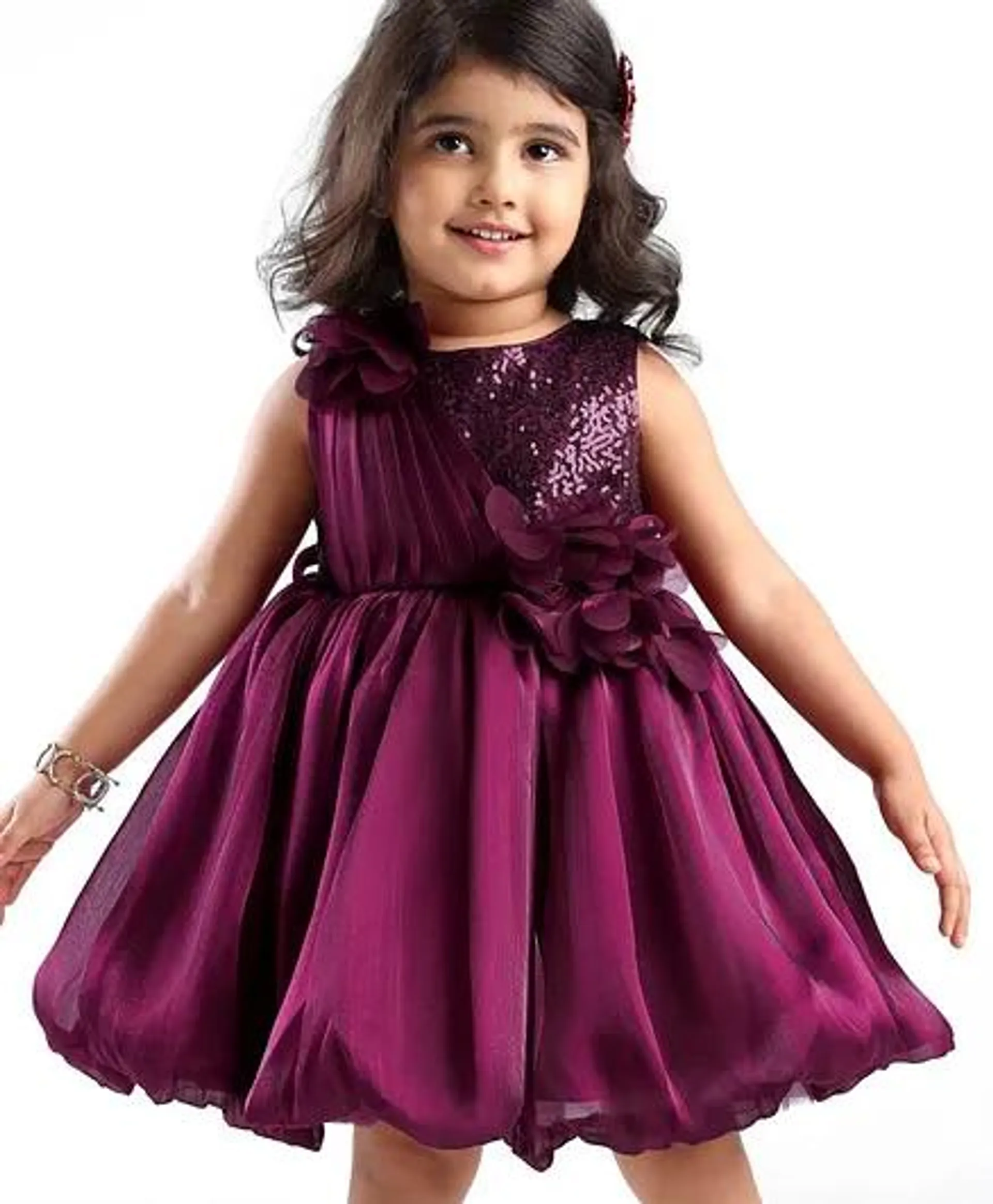 Babyhug Woven Sleeveless Fit and Flare Balloon Party Dress with Floral Corsage & Sequins Detailing - Aubergine