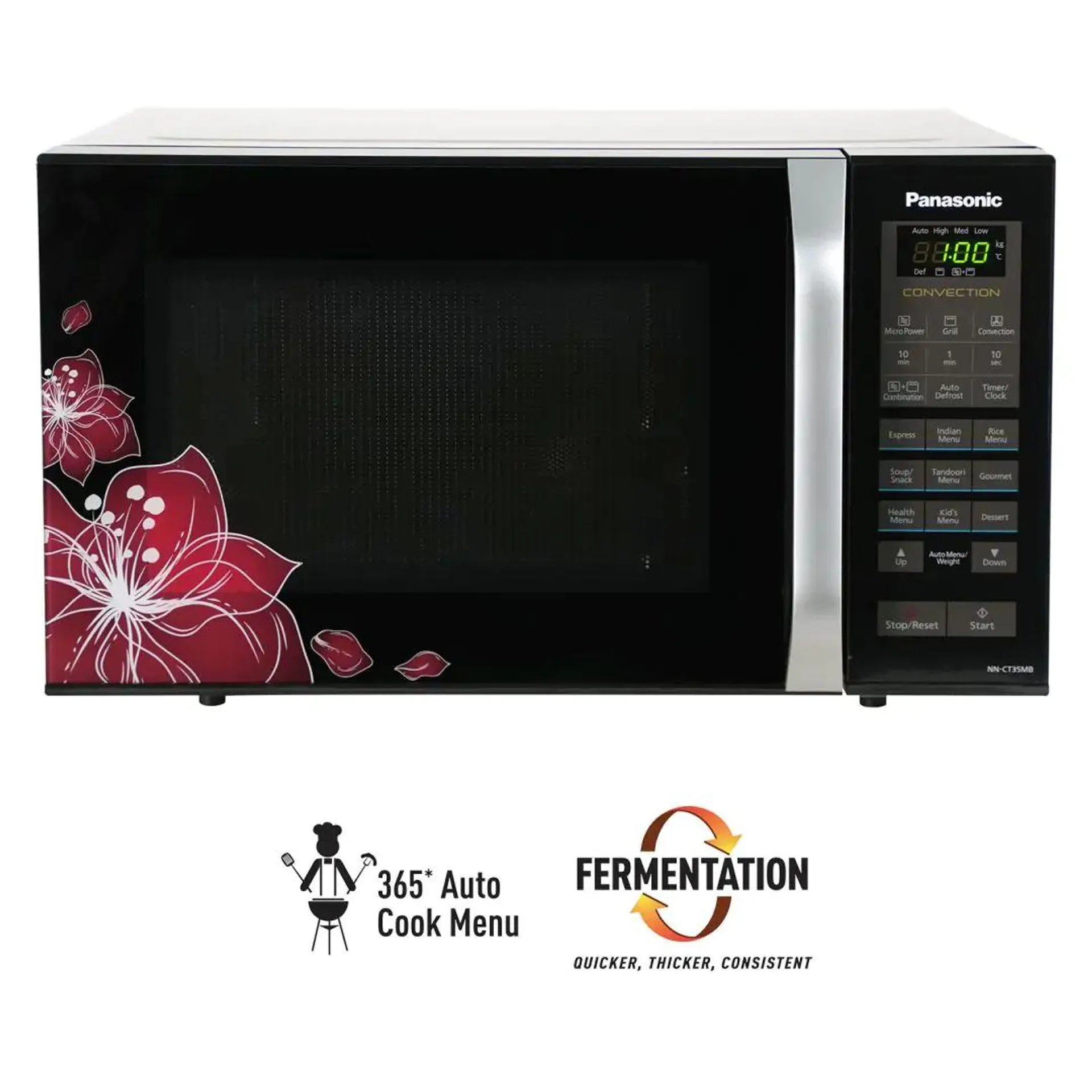 23L Convection Microwave Oven (NN-CT35MBFDG, Black Floral, 360° Heat Wrap, Magic Grill, 121 Auto Cook Menus)