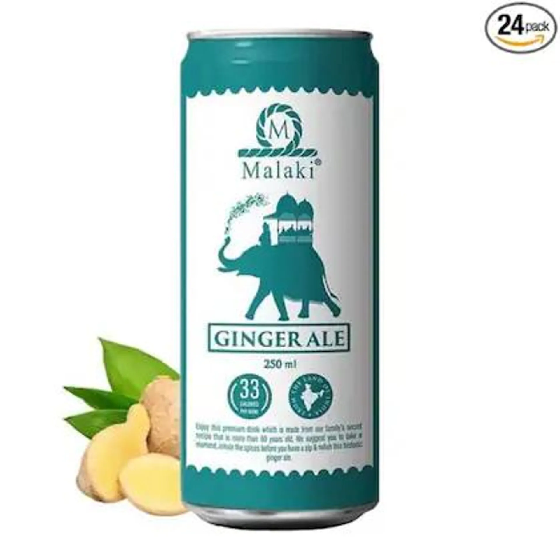 Malaki Premium Ginger Ale 250ml (Pack of 24) | Premium Edition | Refreshing | Natural Ingredients | Low Calories | Carbonated Drink | Ginger Flavoured Drink