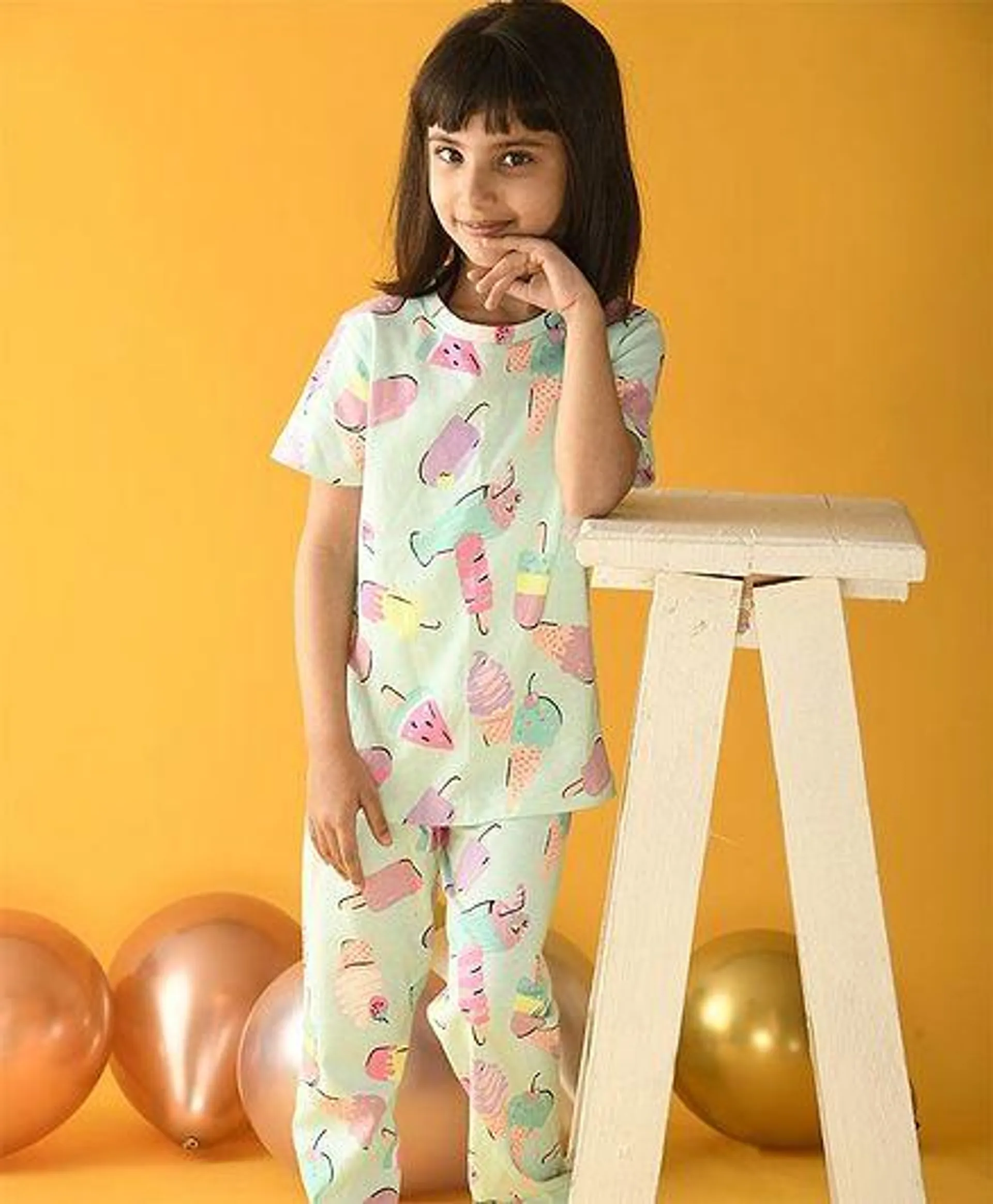 Anthrilo Ice Cream Print Short Sleeves Night Suit - Blue