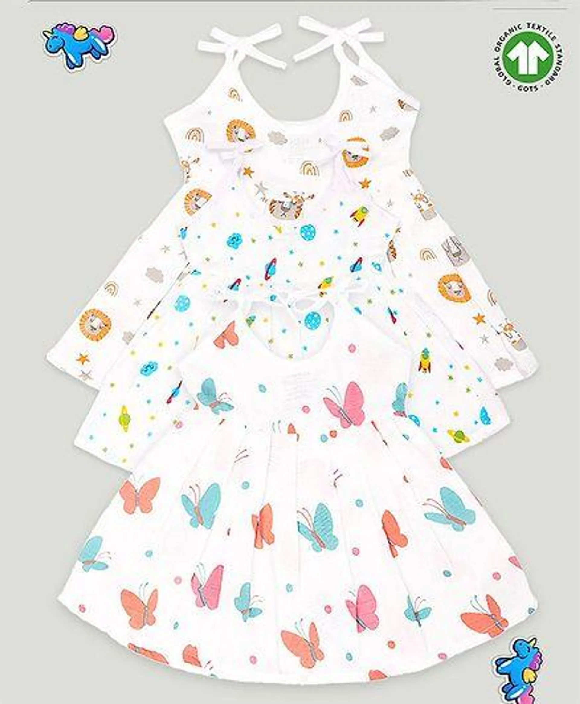 Kidbea Pack Of 3 Sleeveless Butterfly & Animal Assorted Print Muslin Cotton Dresses - Multi Colour