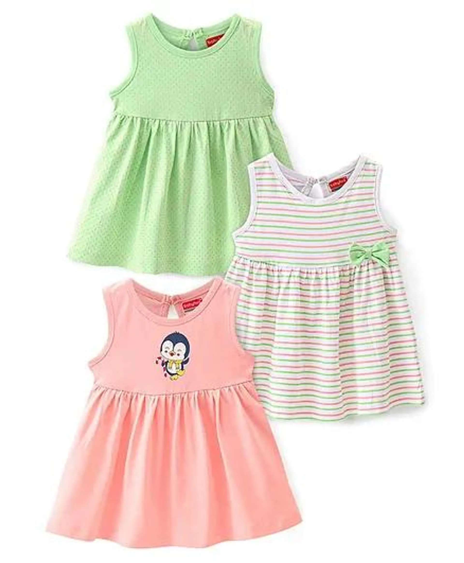 Babyhug 100% Cotton Sleeveless Fit and Flare Dress Penguin Print Pack of 3 - Multicolour