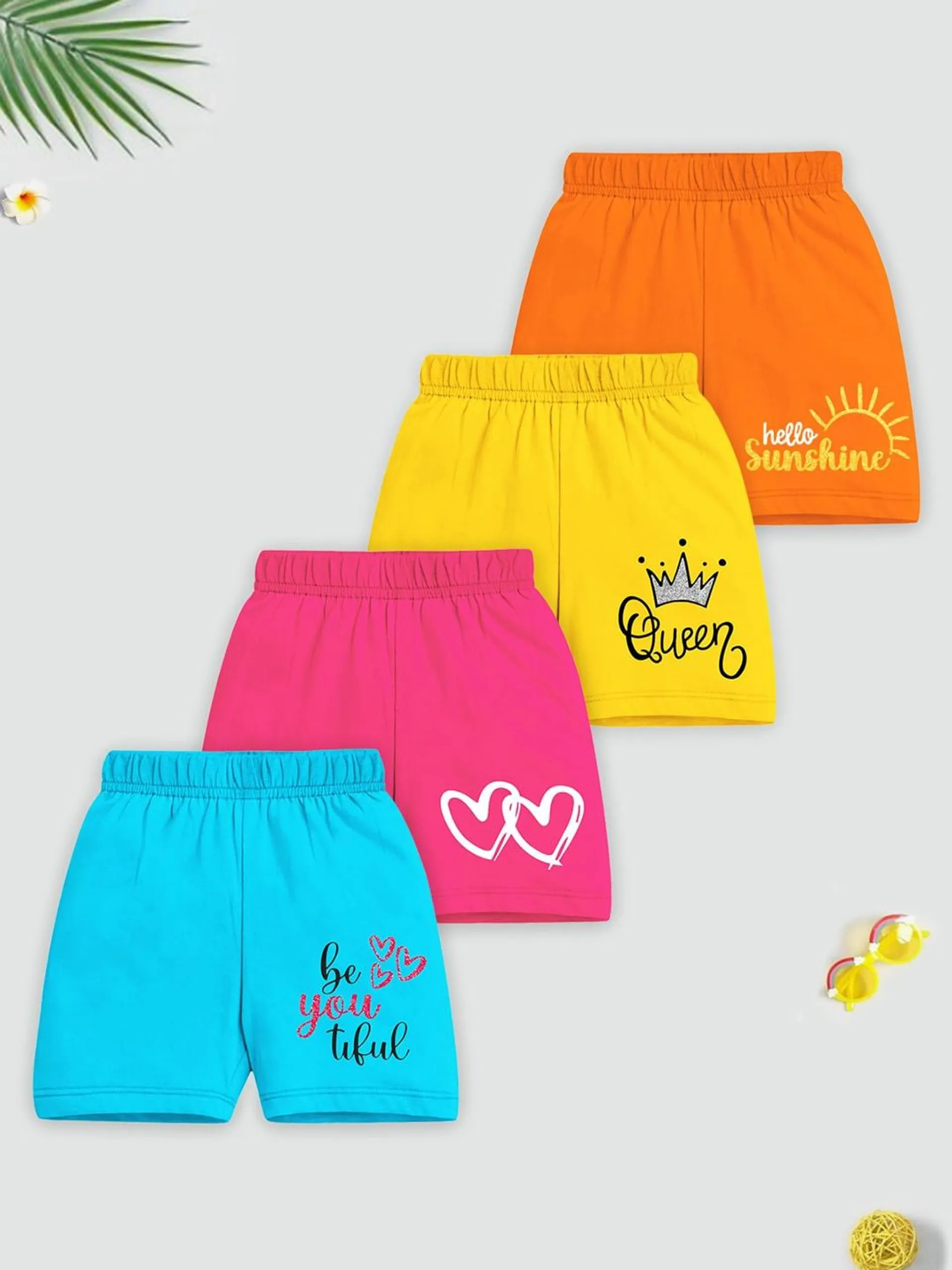 Girls Pack Of 4 Blue Mid-Rise Typography Printed Cotton Shorts