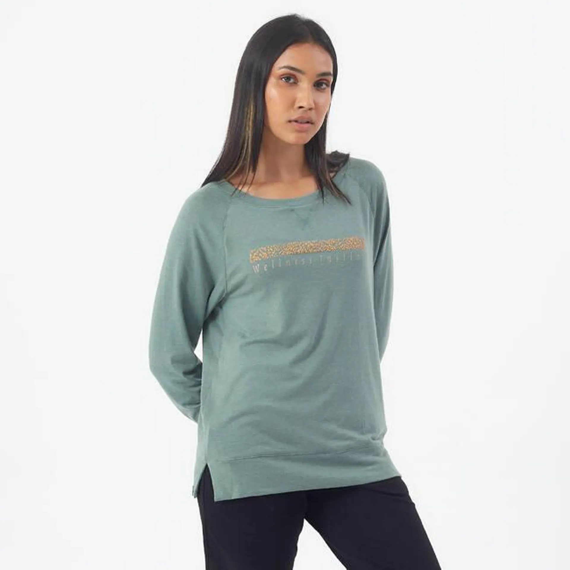 Women's Gym Cotton Blend Long Sleeve T-shirt Regular fit 500-Green Print