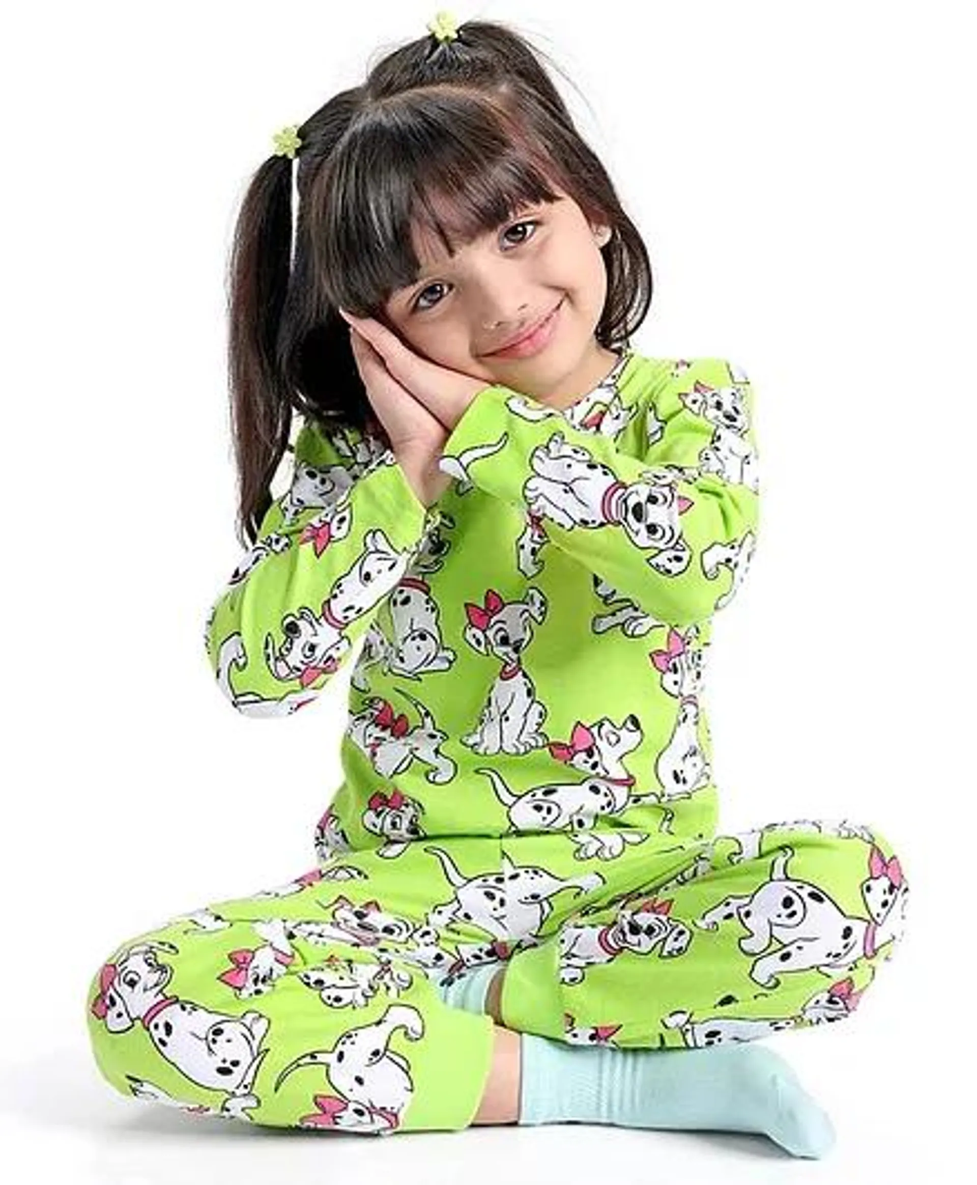 Babyhug Disney Single Jersey Full Sleeve Night Suit with 101 Dalmatians Print - Lime Green