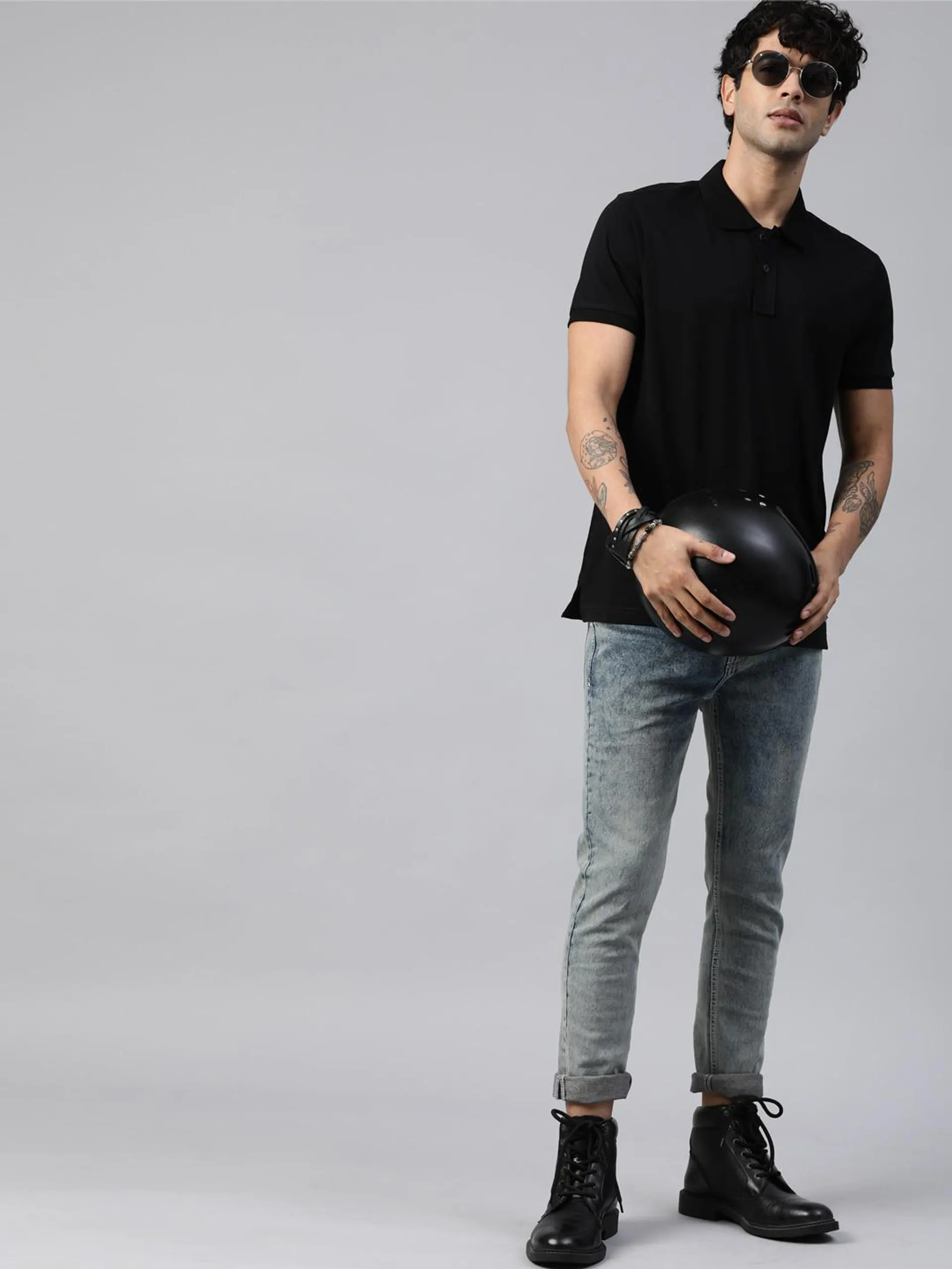 The Lifestyle Co Men Black Polo Collar Cotton Pure Cotton T-shirt