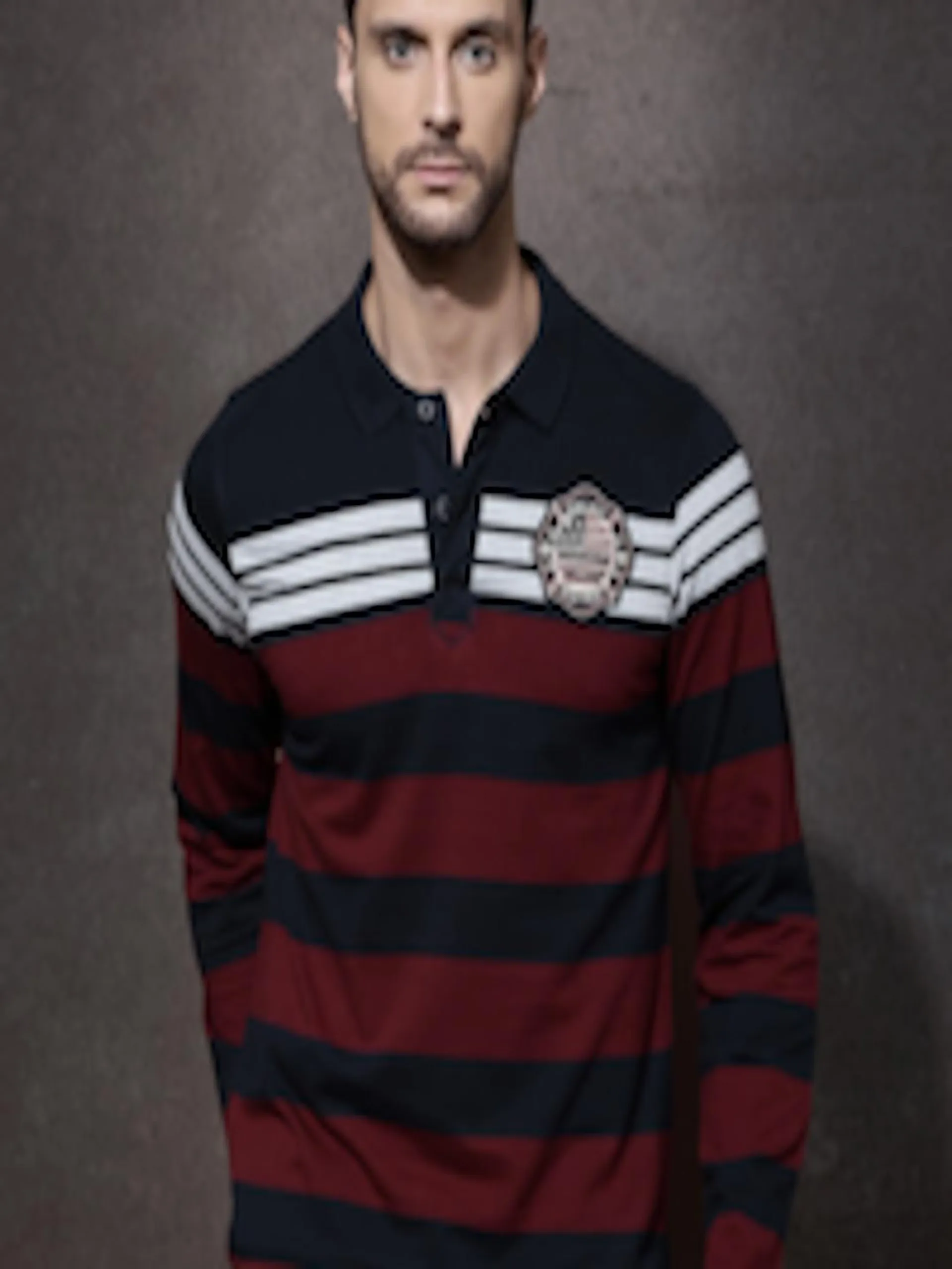Men Navy Maroon Striped Polo Pure Cotton T-shirt