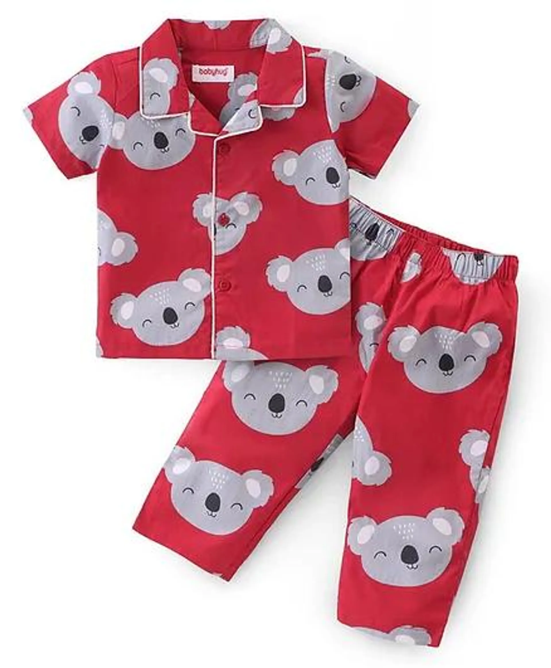 Babyhug Cotton Woven Half Sleeves Night Suit With Koala Print - Red