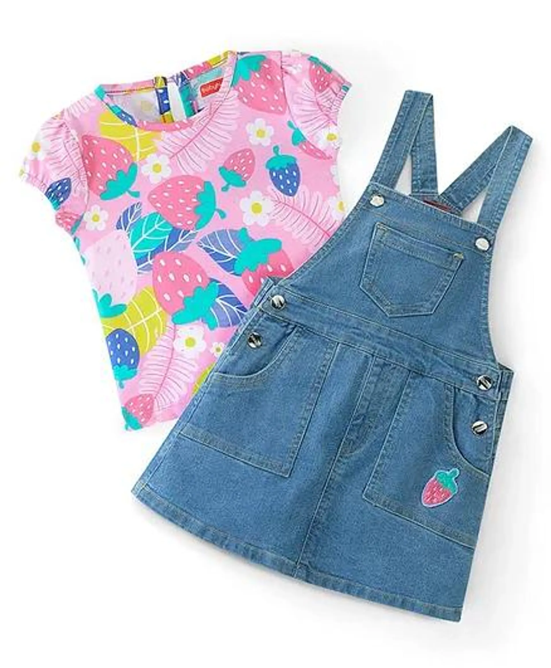 Babyhug Denim Woven Strawberry Patched Frock with Half Sleeves Floral Printed Inner Tee - Blue & Pink