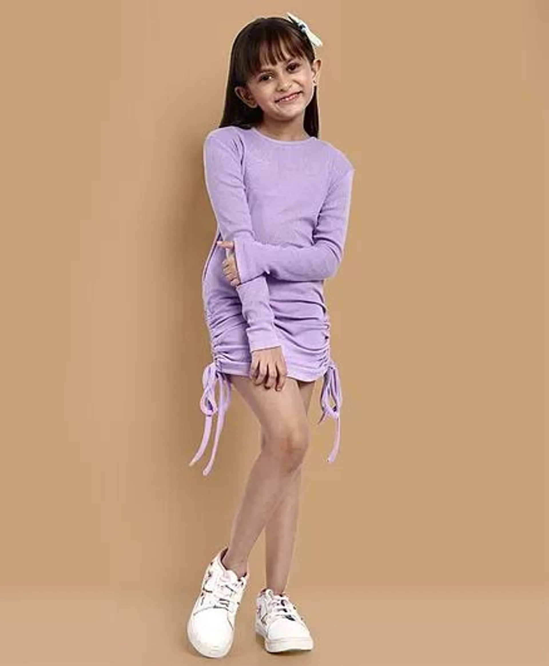 Little Marine Full Sleeves Solid Ribbed Side String Dress - Purple