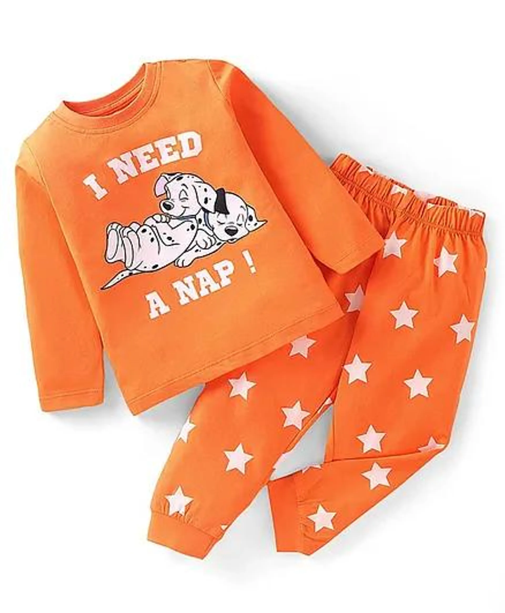 Babyhug Disney 100% Cotton Knit Full Sleeves Night Suit with 101 Dalmatians Graphics - Orange