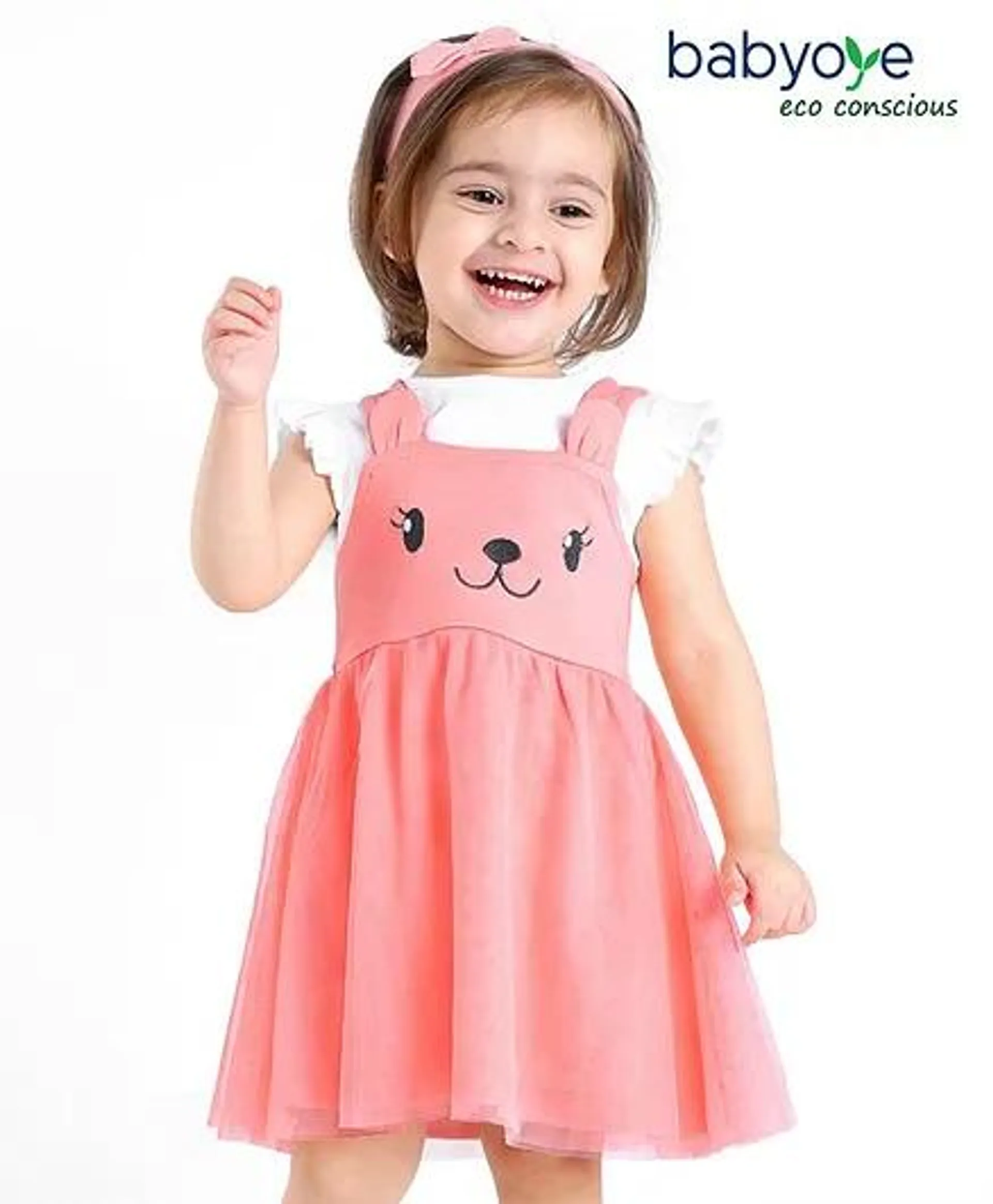 Babyoye Eco-Conscious Cotton Frock with Frill Sleeves Inner Tee Teddy Embroidery - Pink