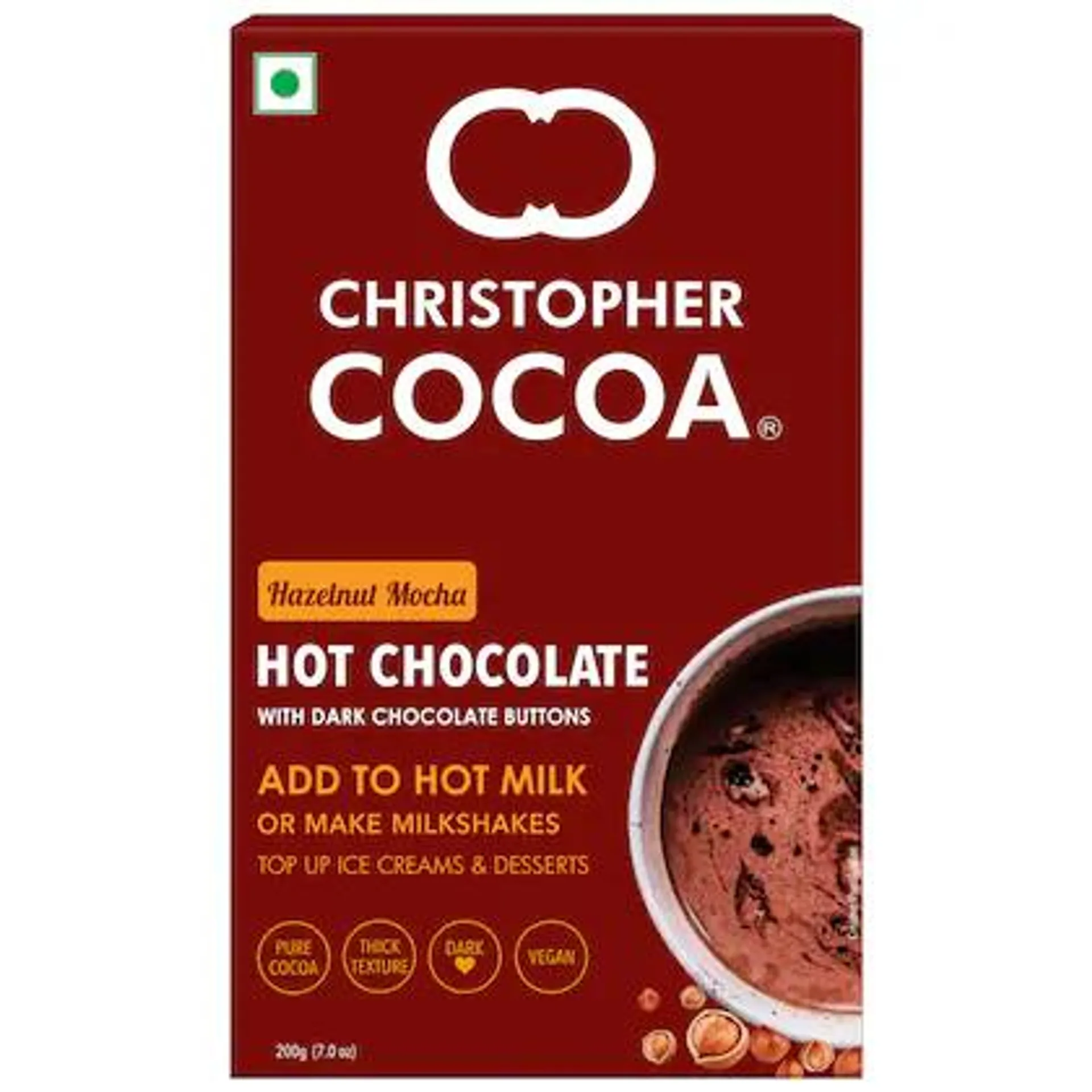 Christopher Cocoa Hazelnut Mocha Hot Drinking Chocolate Powder with Dark Chocolate Buttons 200g