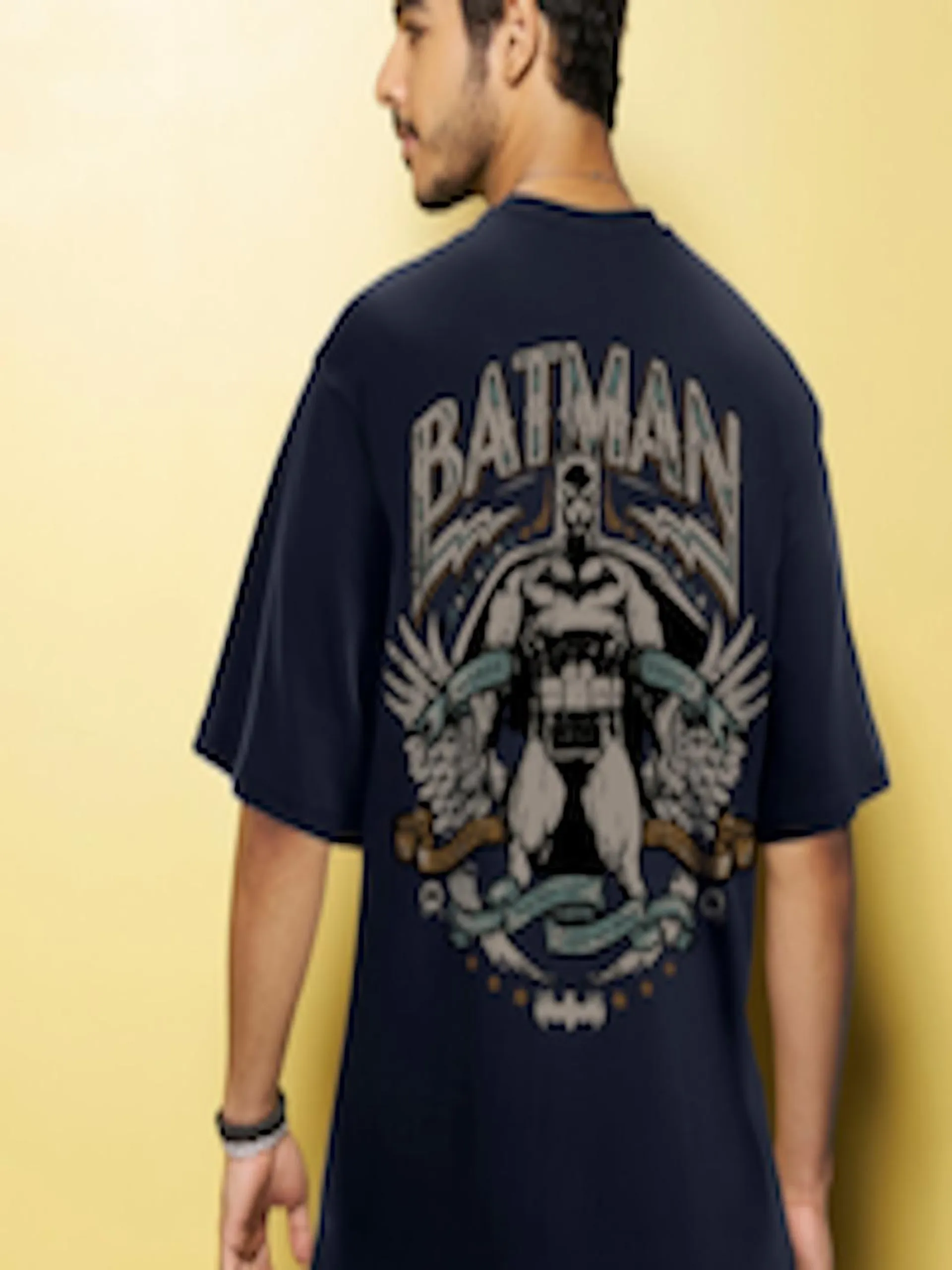 Navy Blue Batman Printed Drop Shoulder Sleeves Pure Cotton Oversized T-shirt