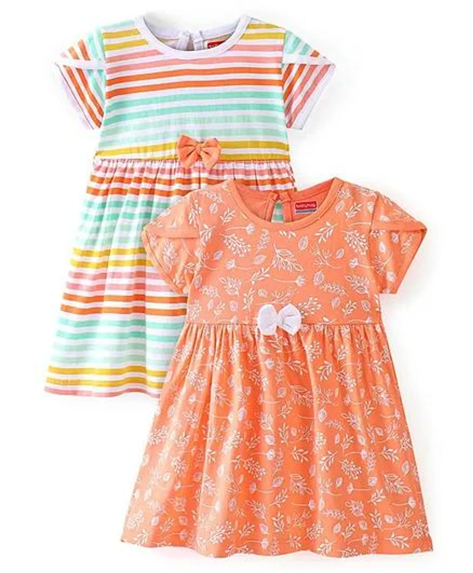 Babyhug 100% Cotton Knit Half Sleeves Frock Floral Print Pack Of 2 - Orange Green & White