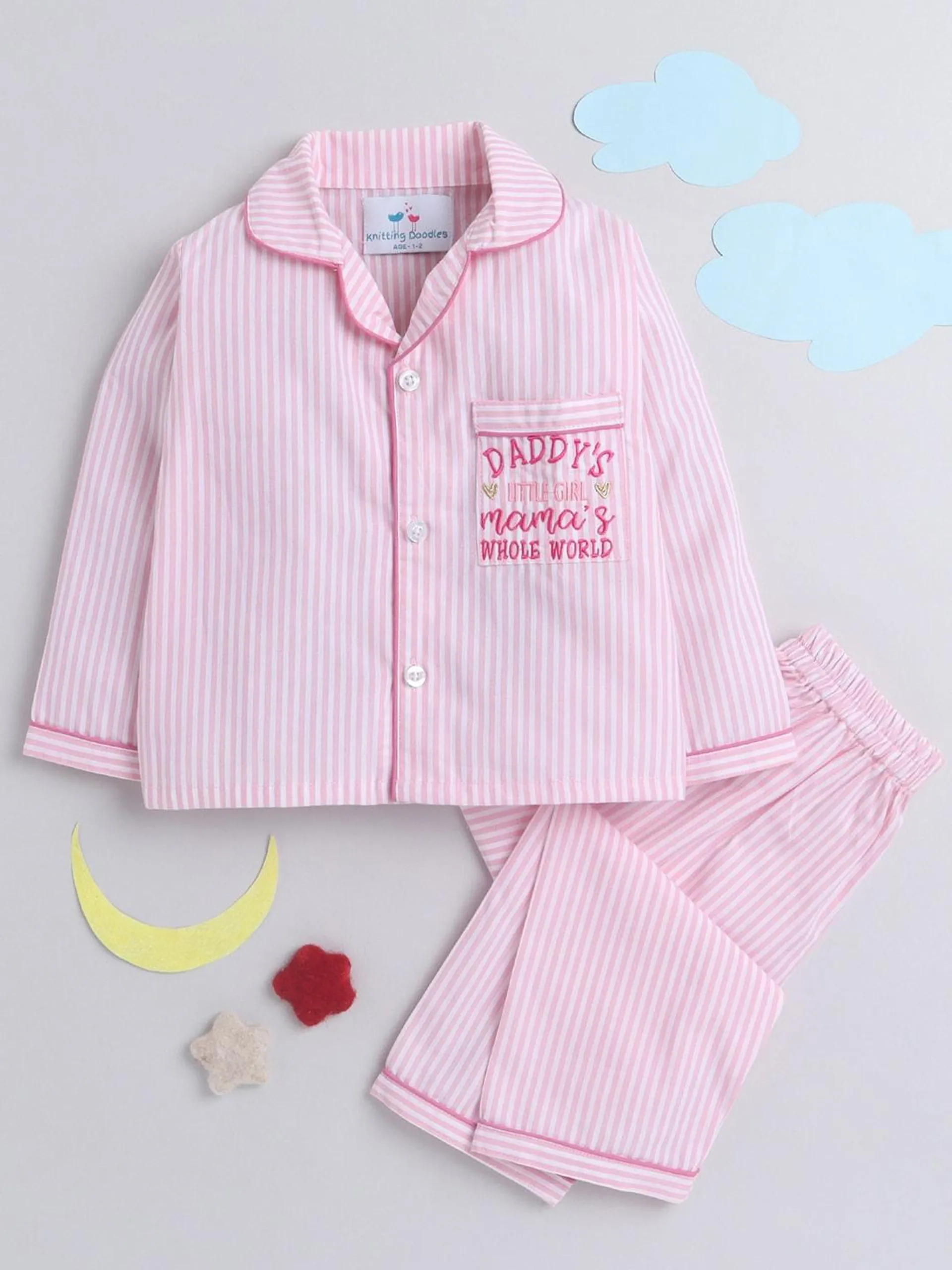 Kids Pink & Off White Striped Night suit