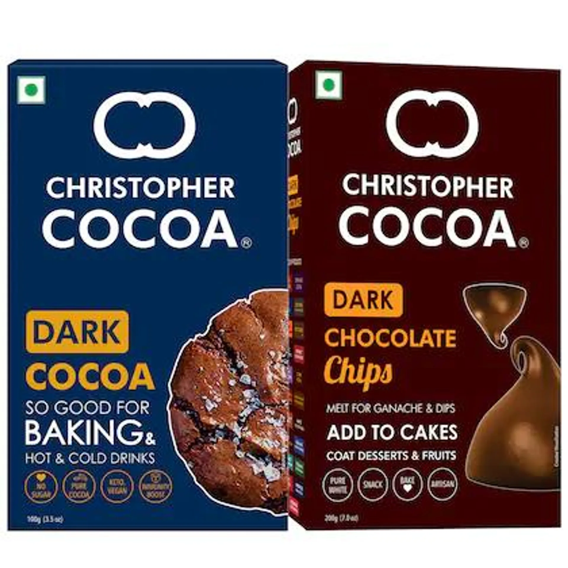 Christopher Cocoa, Dark Cocoa Powder, Unsweetened, 100g, Dark Chocolate Chips 200g (Bake, Cake, Hot Chocolate, Drinking Shakes)