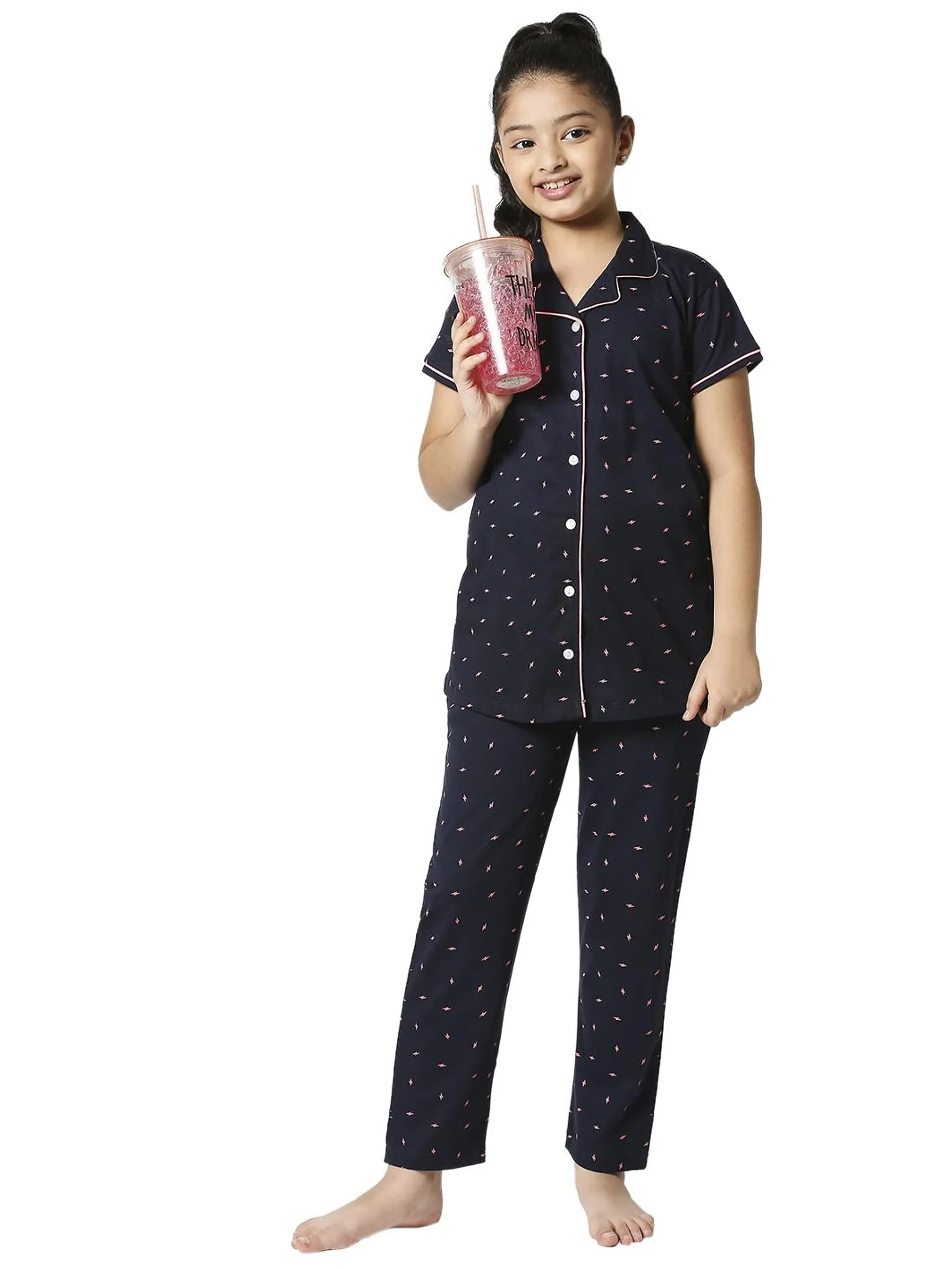 Girls Navy Blue & Pink Printed Night suit