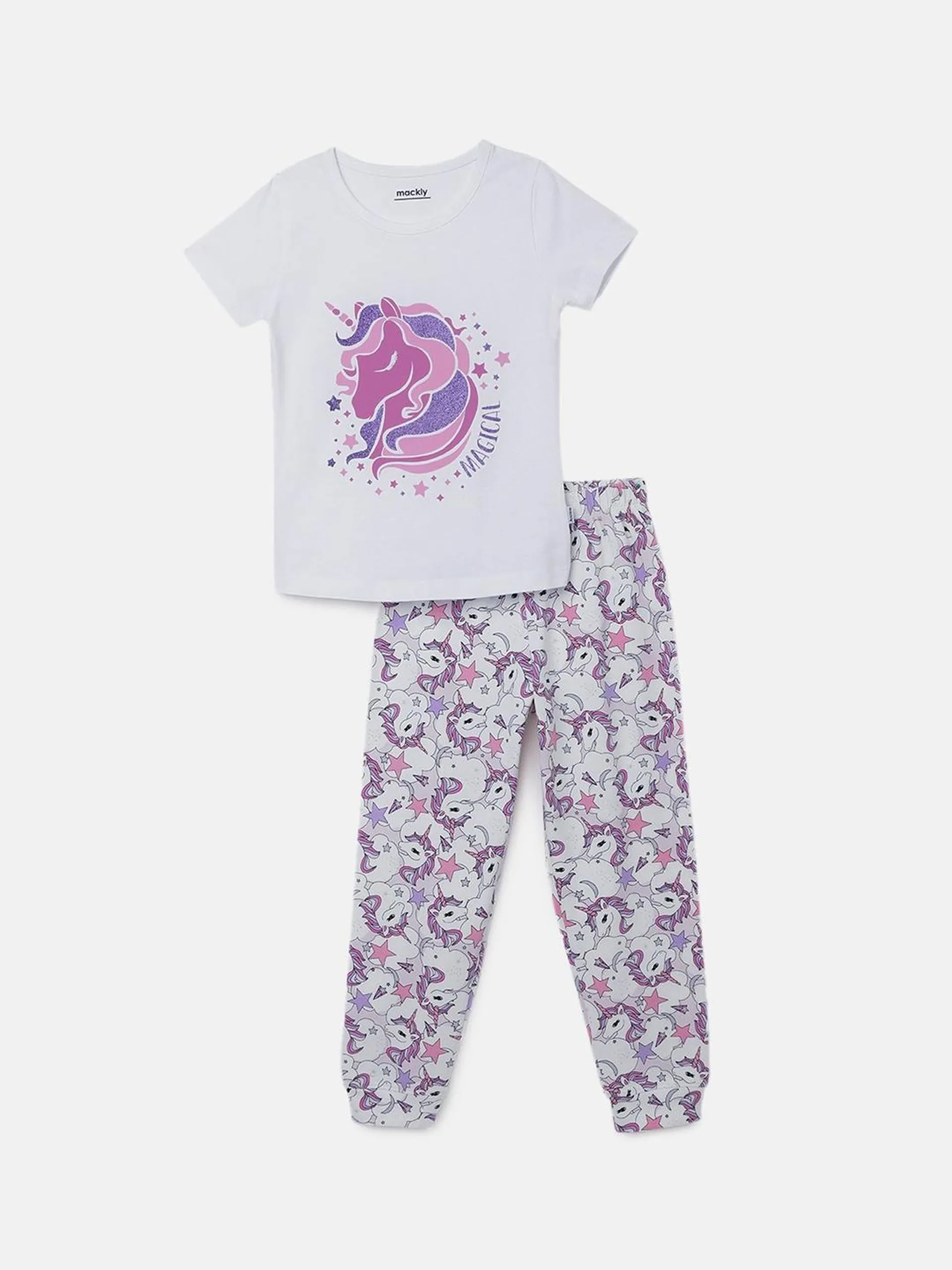 Girls Graphic Printed Pure Cotton T-Shirt with Pyjamas