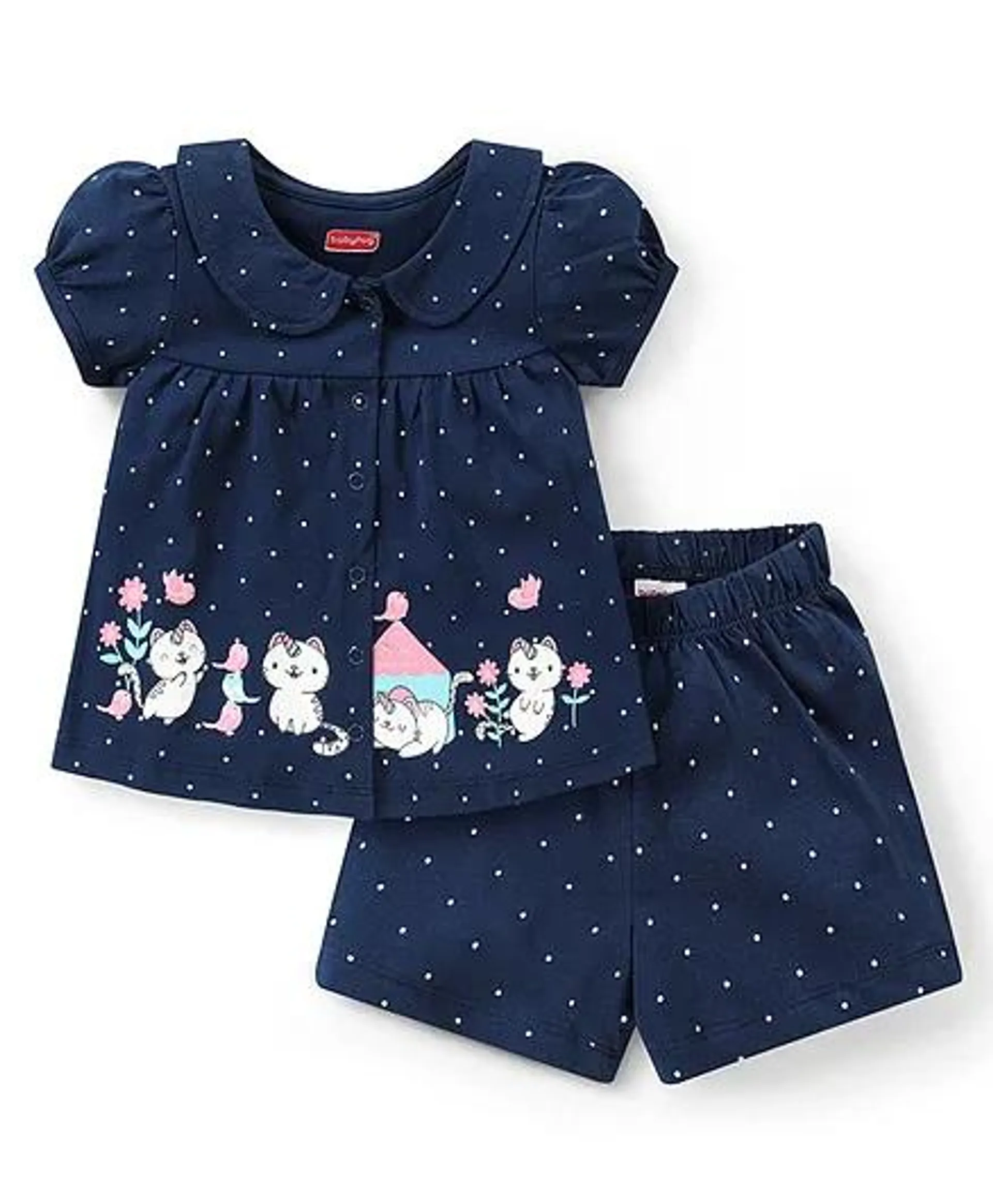 Babyhug Cotton Knit Half Sleeves Night Suit With Cat Print - Navy