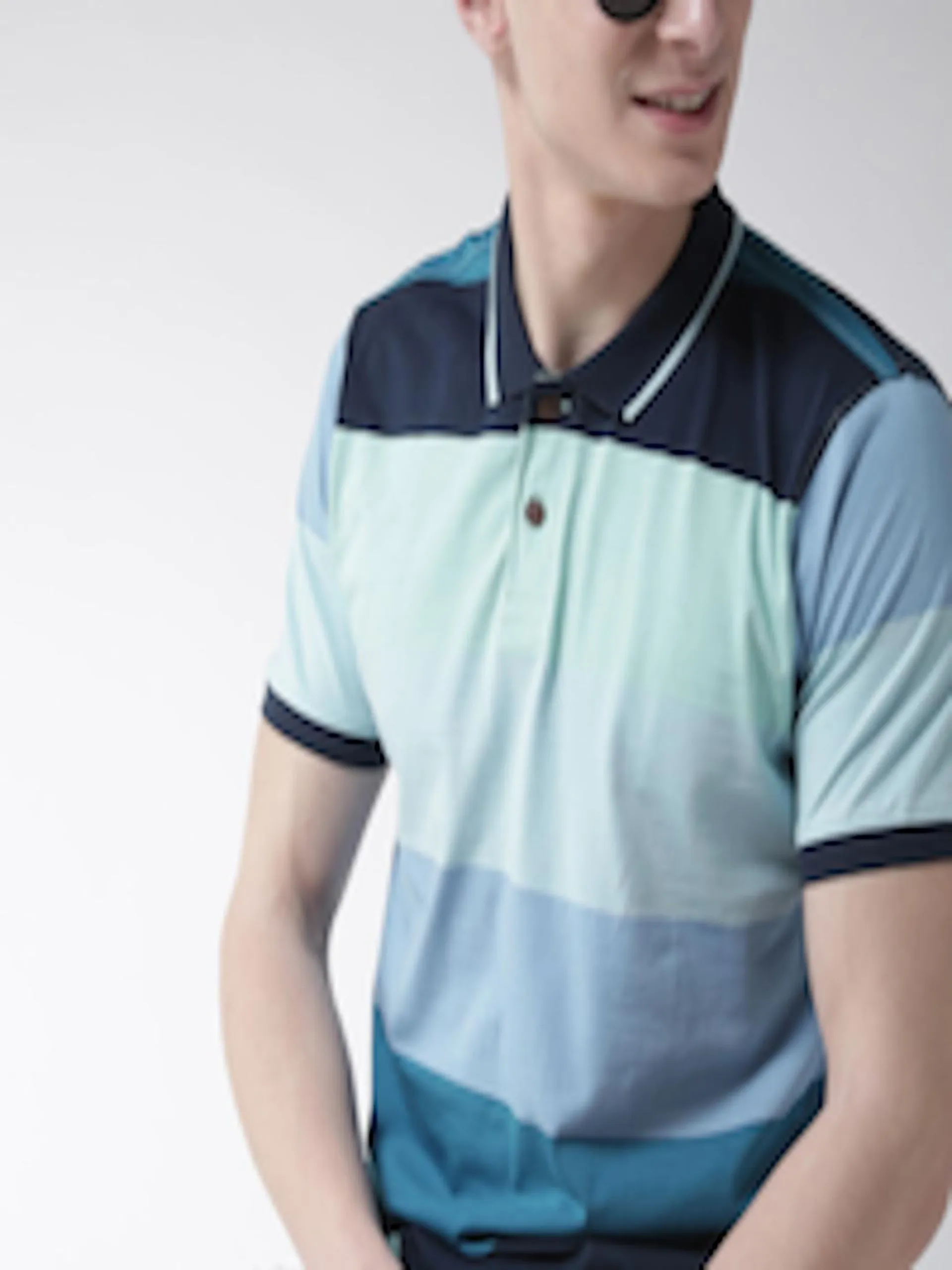 Men Blue Striped Polo Collar T-shirt