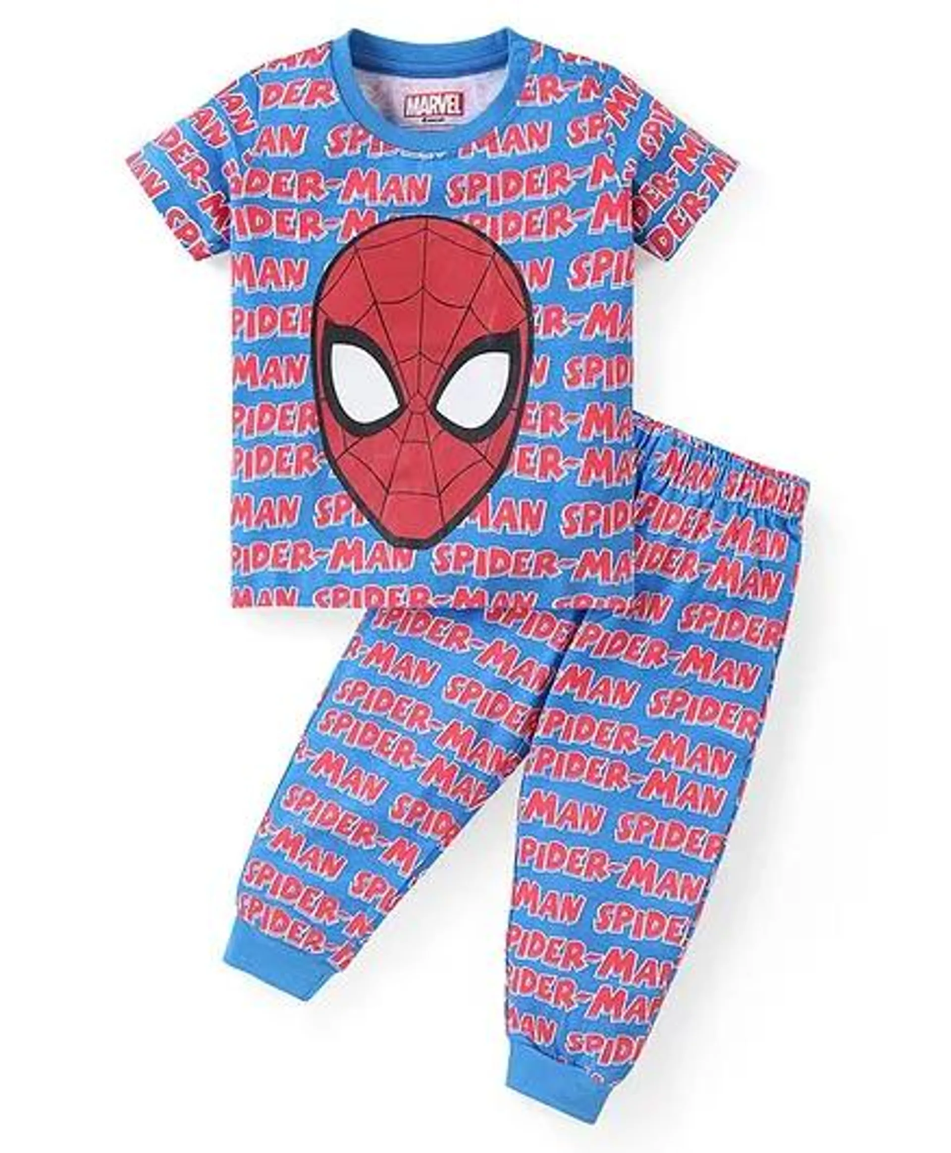 Babyhug Marvel Cotton Half Sleeves Night Suit with Spiderman Print - Blue