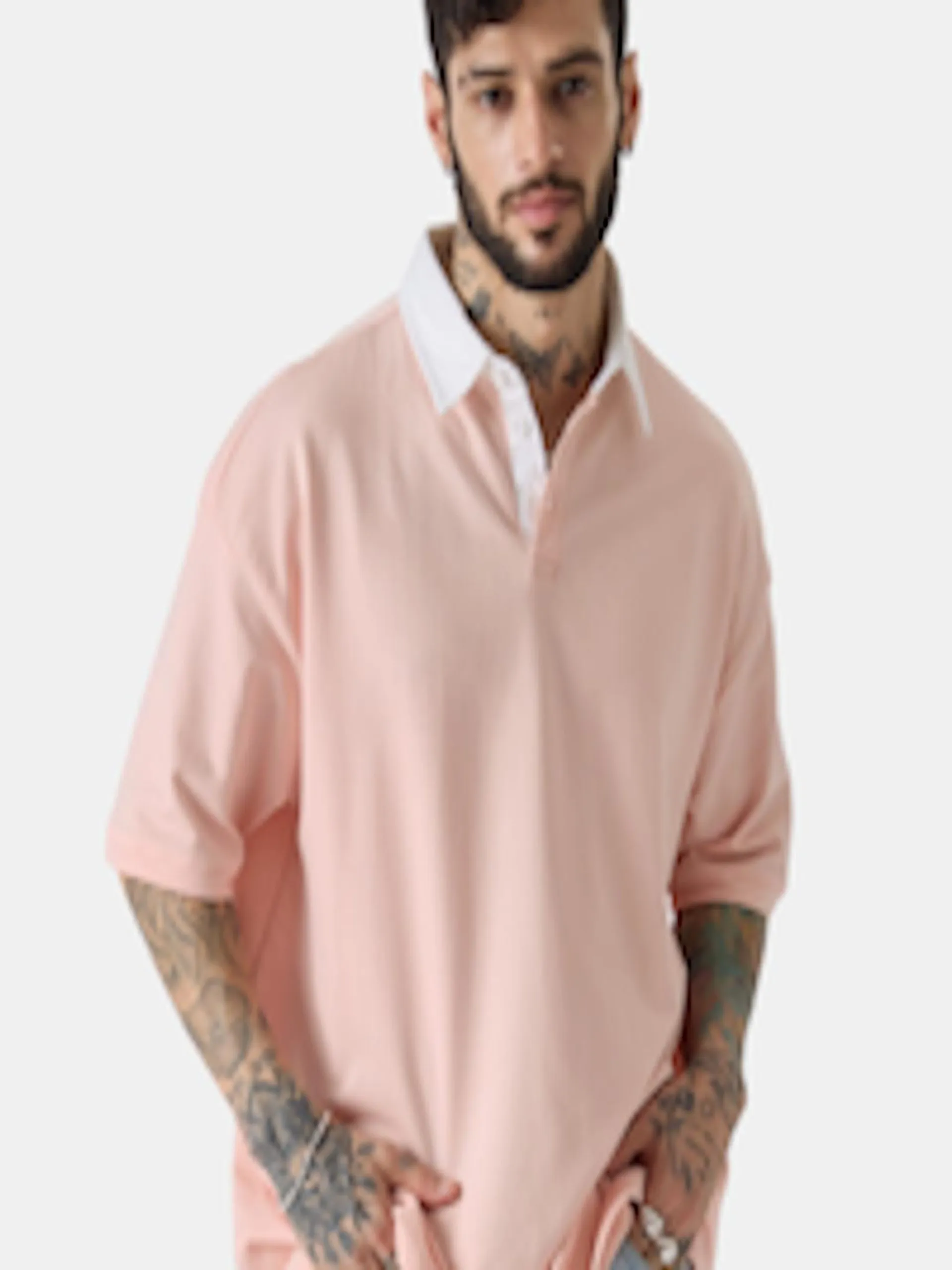 Pink Polo Collar Drop Shoulder Sleeves Oversized Pure Cotton T-shirt