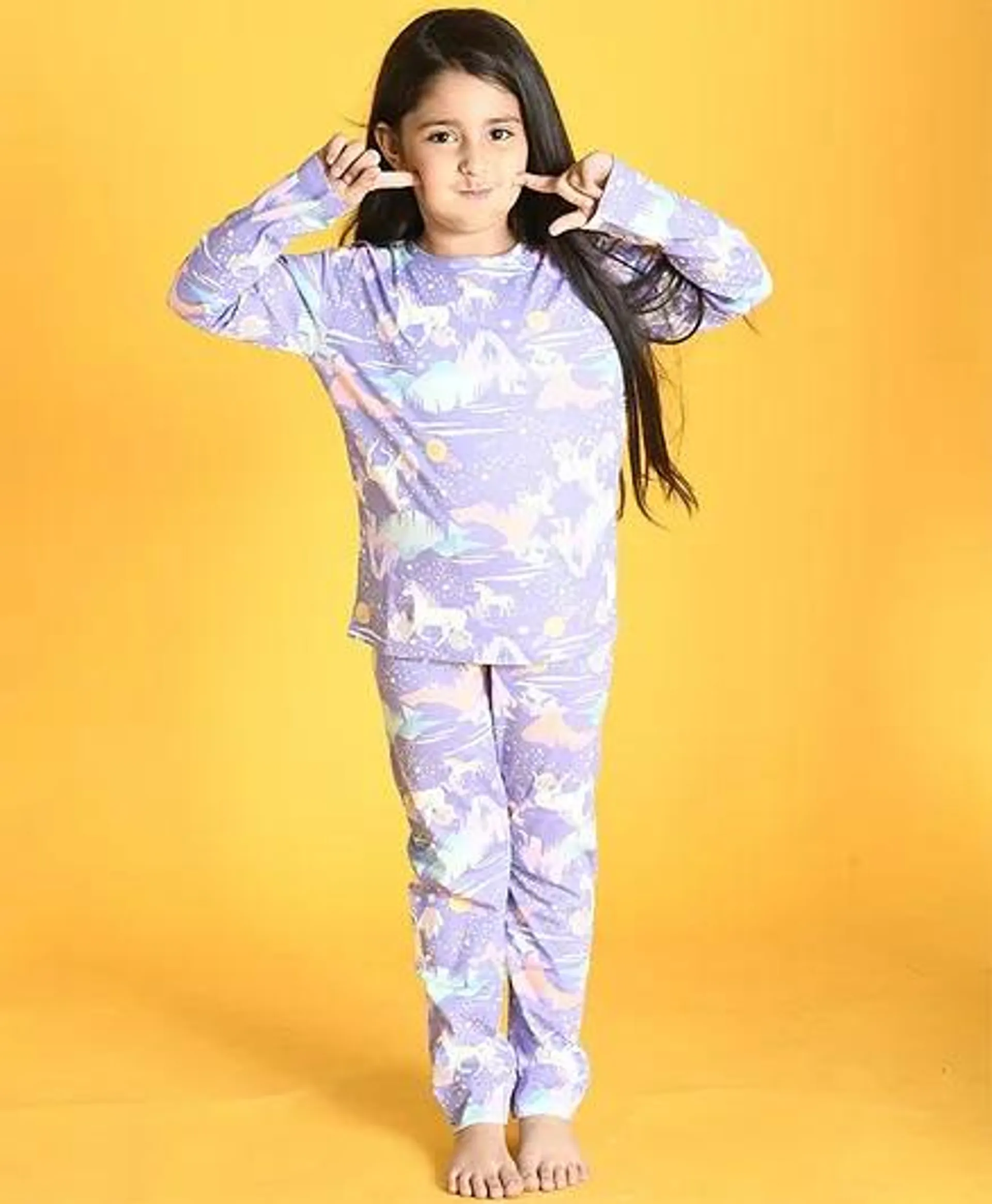 Anthrilo Full Sleeves Unicorn Universe Printed Night Suit - Purple