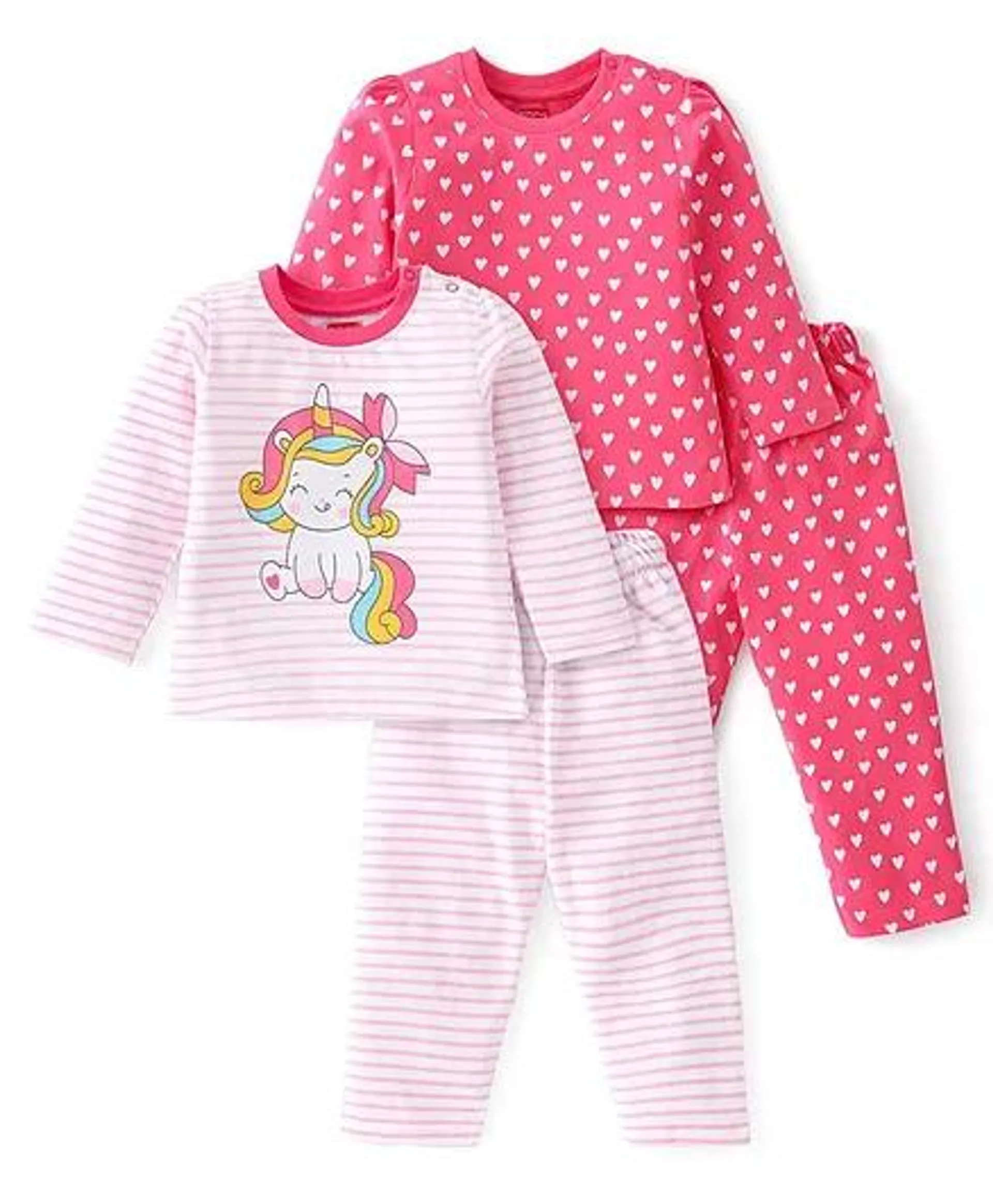 Babyhug Cotton Knit Full Sleeves Night Suit With Stripes & Unicorn Print Pack Of 2 - Pink & Lavender